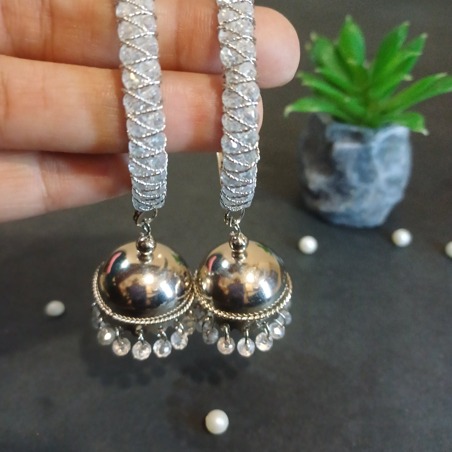 True crystal white earrings with jhummar