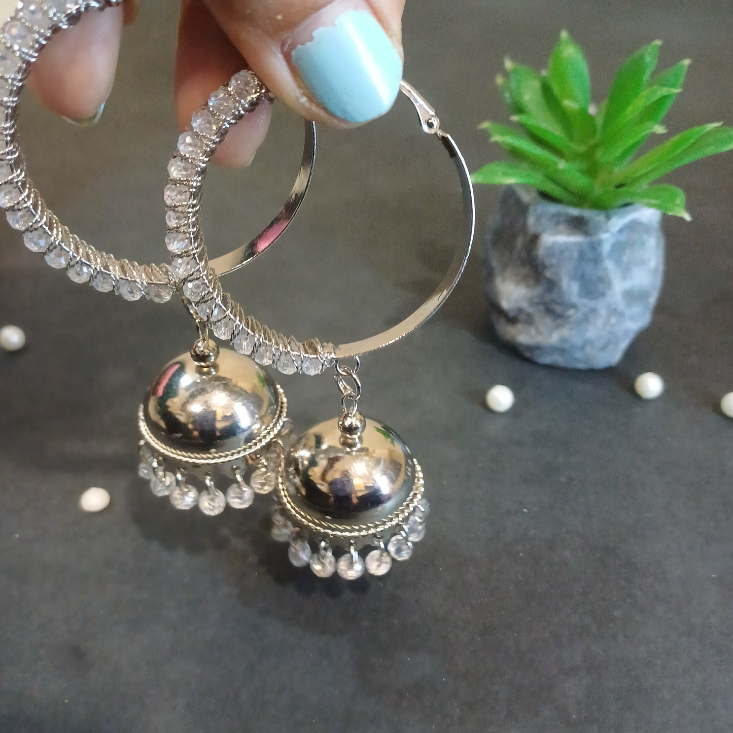 True crystal white earrings with jhummar