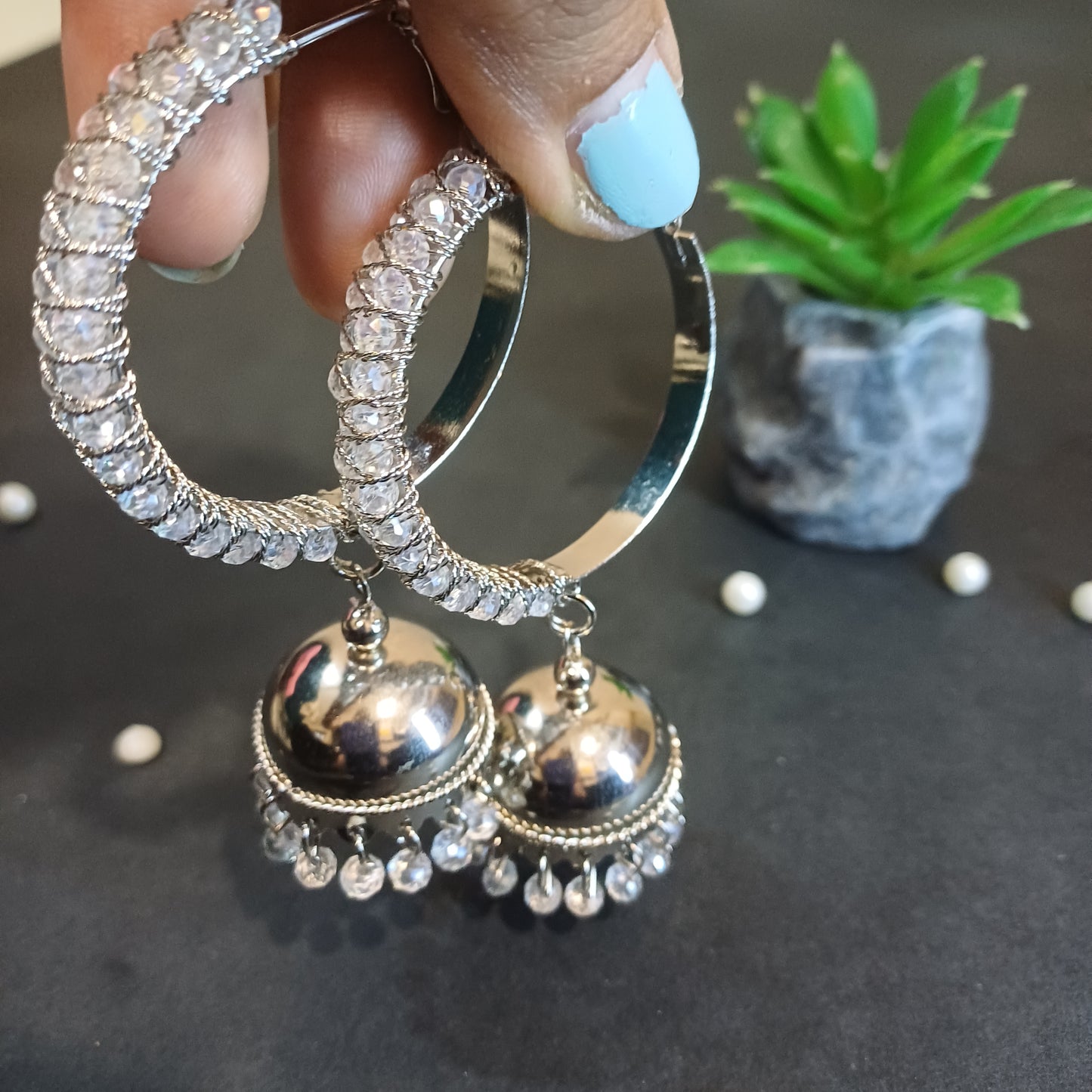 True crystal white earrings with jhummar