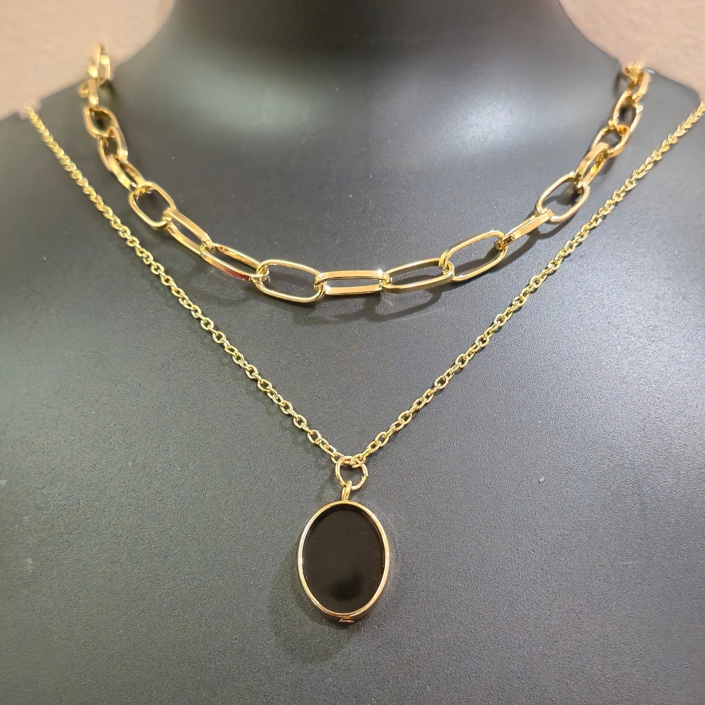 Black Beauty Double chains Long Necklace _Oval