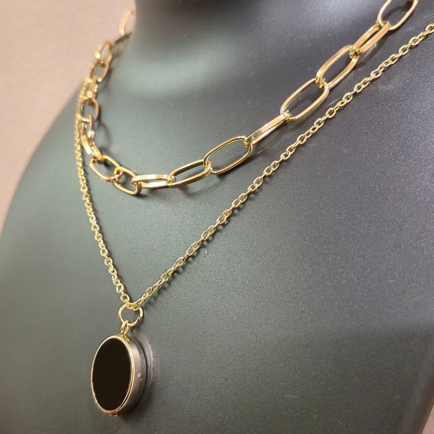 Black Beauty Double chains Long Necklace _Oval