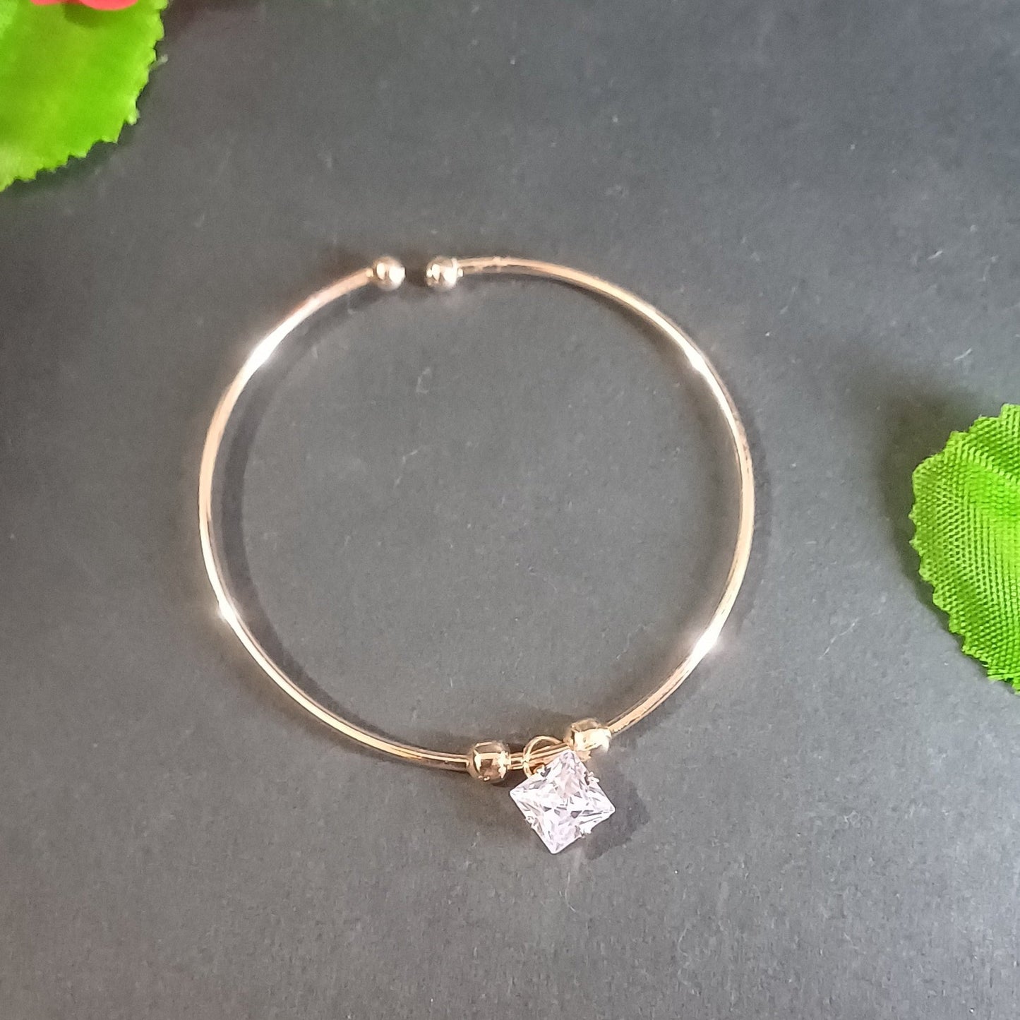 Round cut golden cuff bracelet_2 with square solitaire