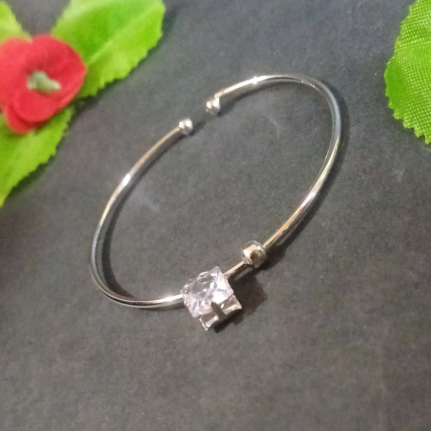 Silver Round cut cuff bracelet with square solitaire