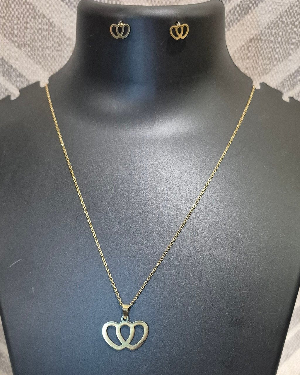 Golden twin hearts stylish chain_3 pendant with matching ear tops tarnish free for Girls women others