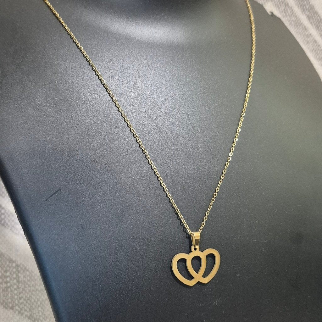 Golden twin hearts stylish chain_3 pendant with matching ear tops tarnish free for Girls women others