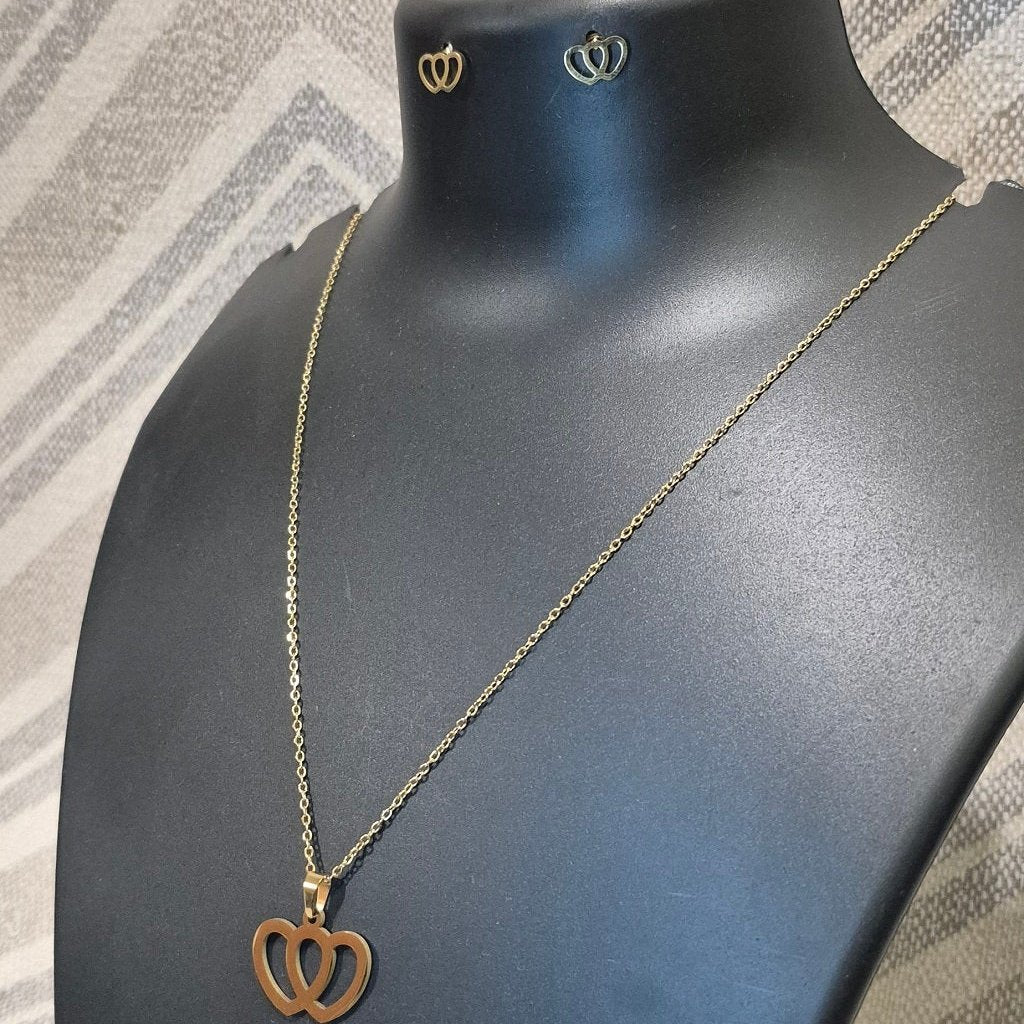 Golden twin hearts stylish chain_3 pendant with matching ear tops tarnish free for Girls women others