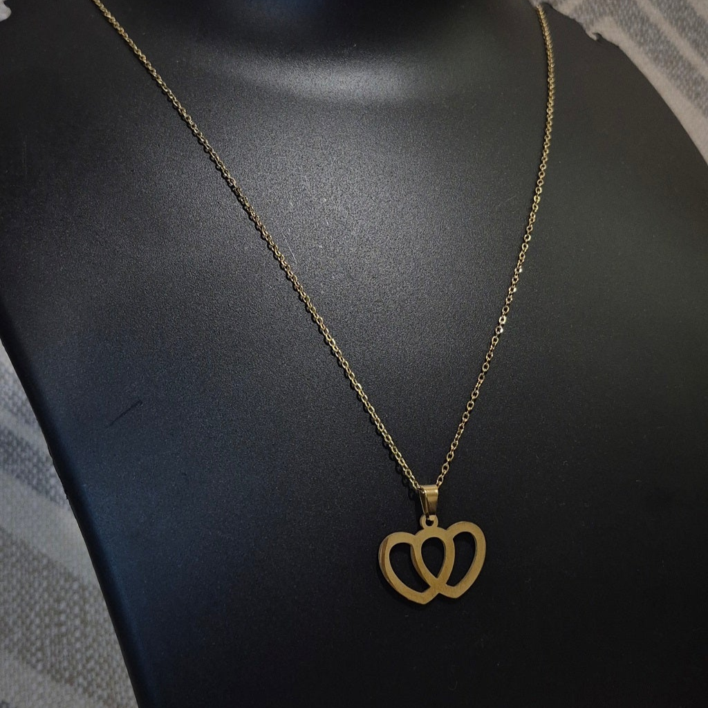 Golden twin hearts stylish chain_3 pendant with matching ear tops tarnish free for Girls women others