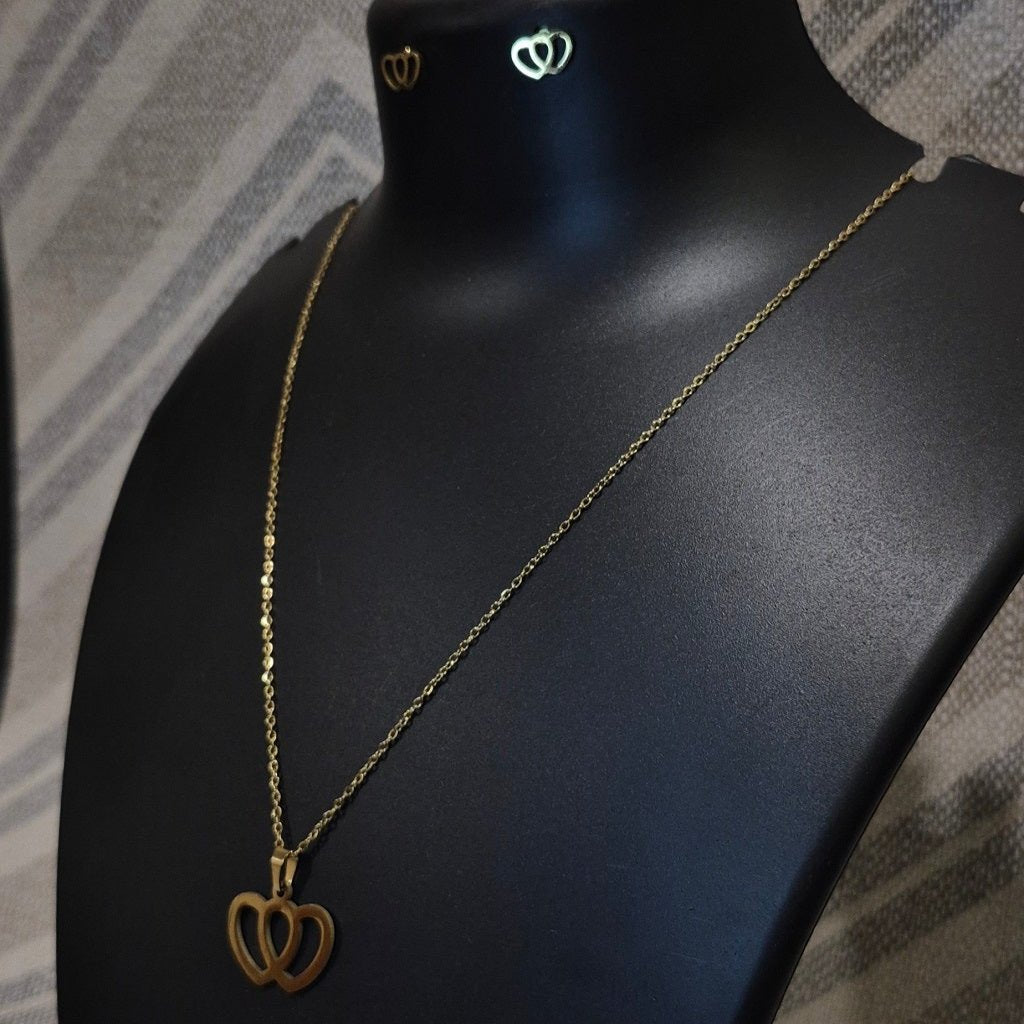 Golden twin hearts stylish chain_3 pendant with matching ear tops tarnish free for Girls women others