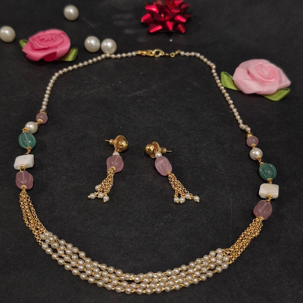Pink diva Pearl layered necklace with matching earrings