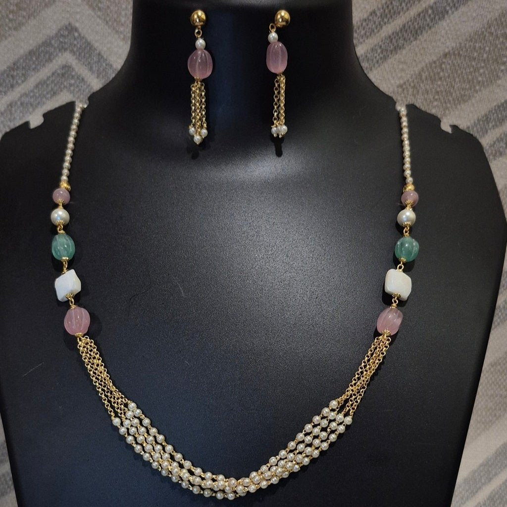 Pink diva Pearl layered necklace with matching earrings