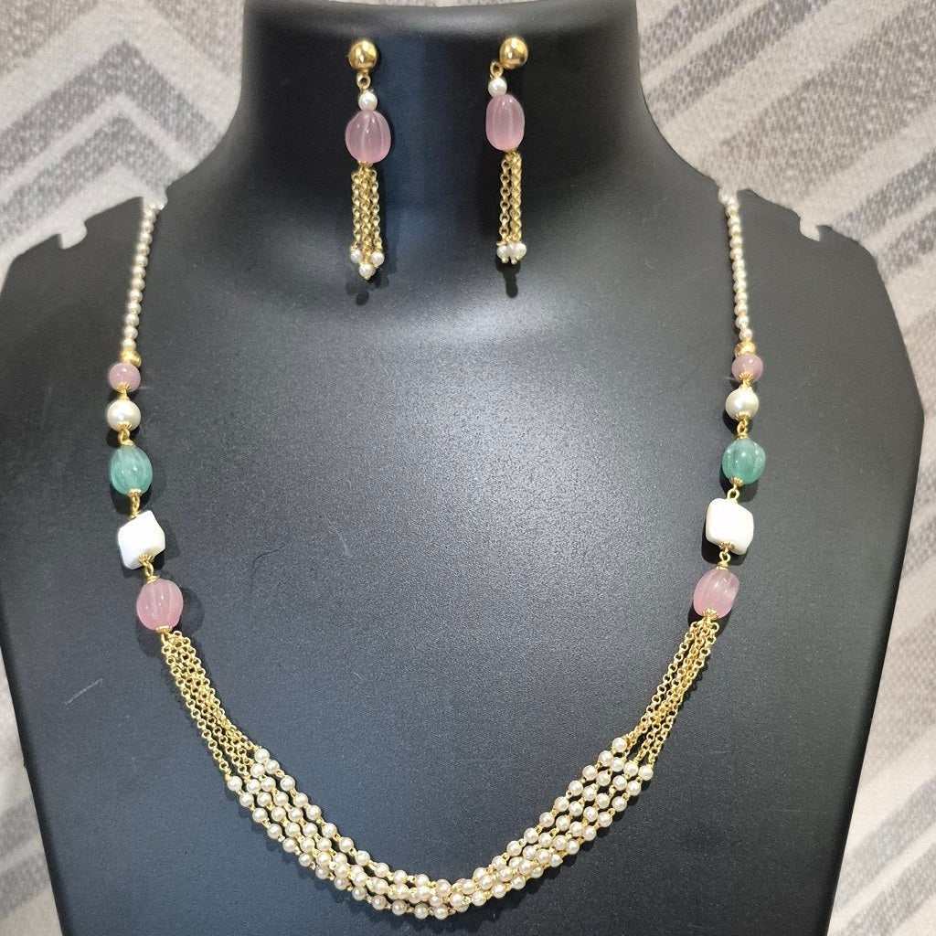Pink diva Pearl layered necklace with matching earrings