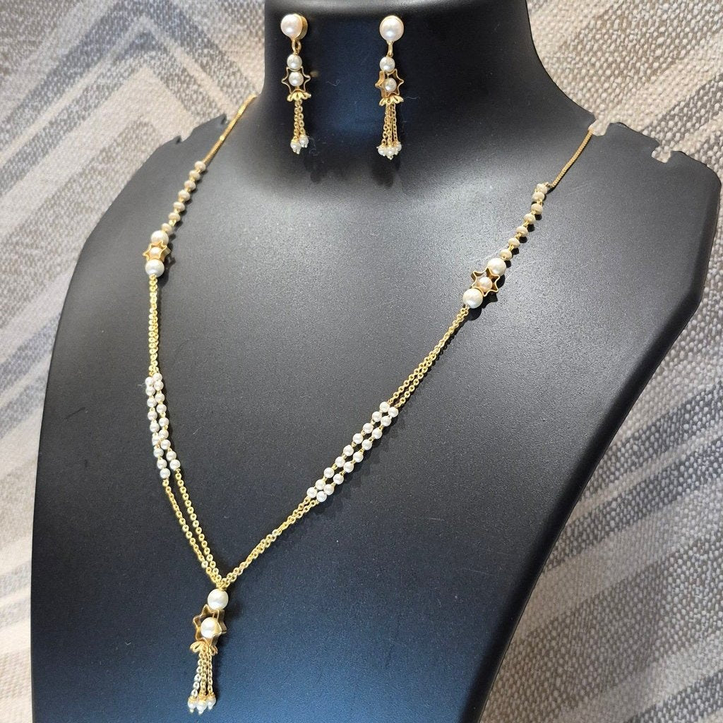 White tone double layered pearl necklace jumki pendant with matching jumkas