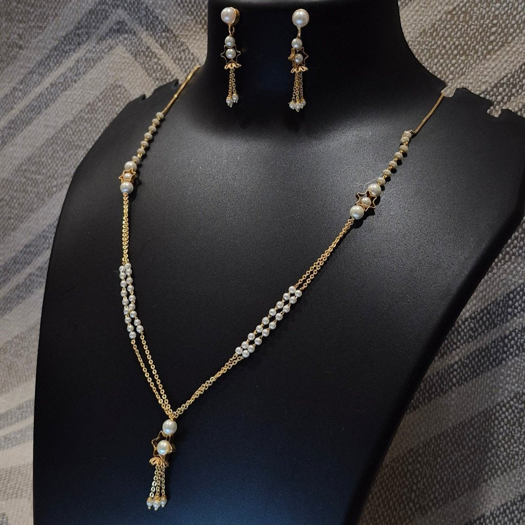 White tone double layered pearl necklace jumki pendant with matching jumkas