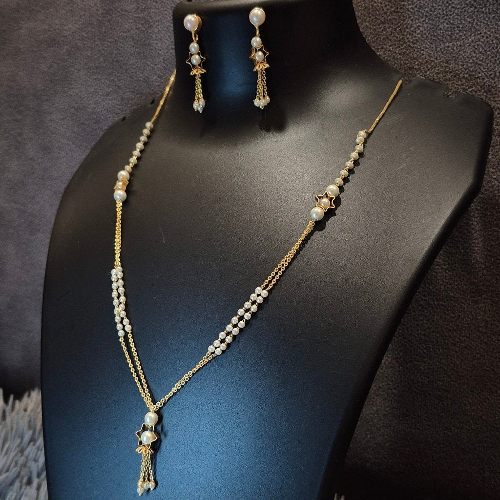 White tone double layered pearl necklace jumki pendant with matching jumkas
