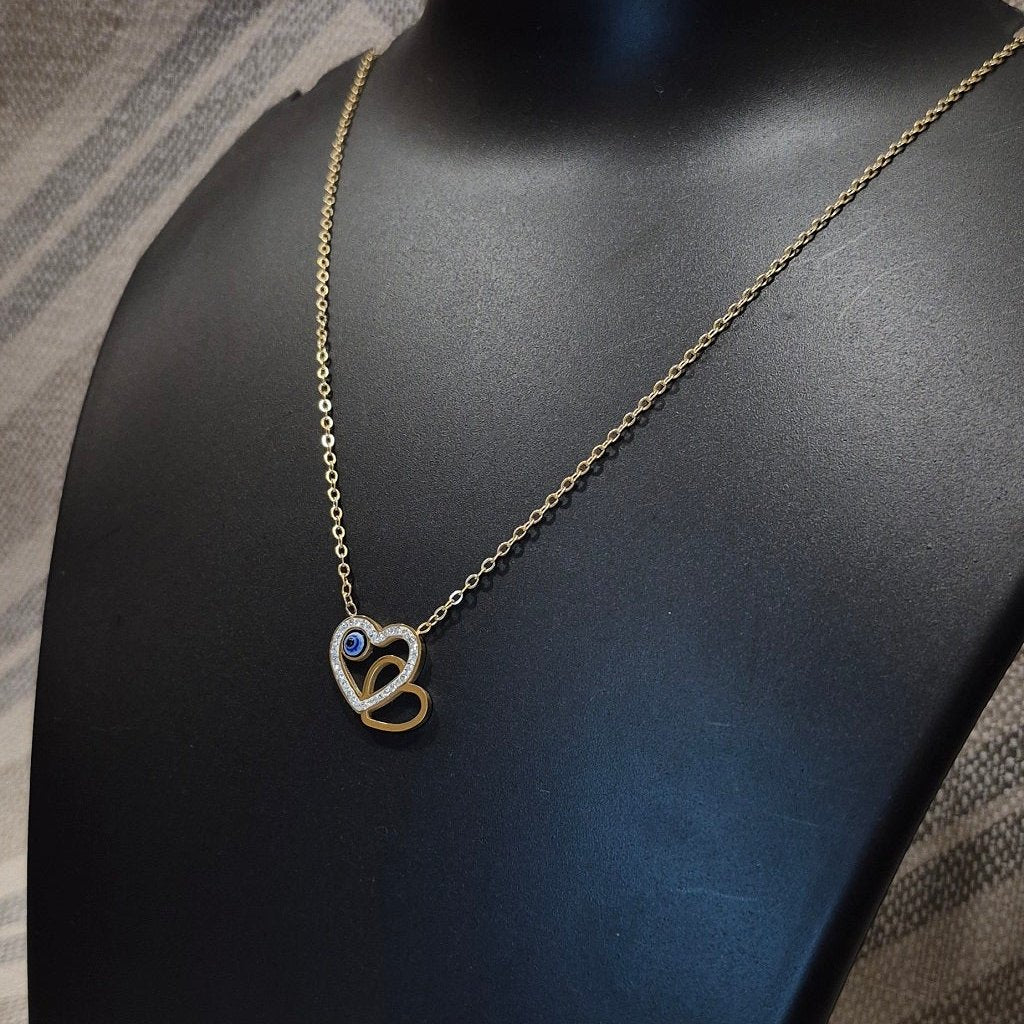 Diamond Heart evil eye pendant and chain