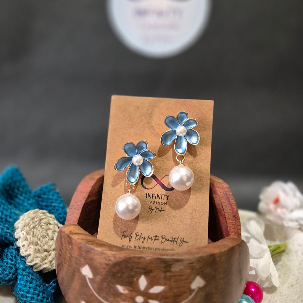 Blue Bloom Pearl Ear Hangings