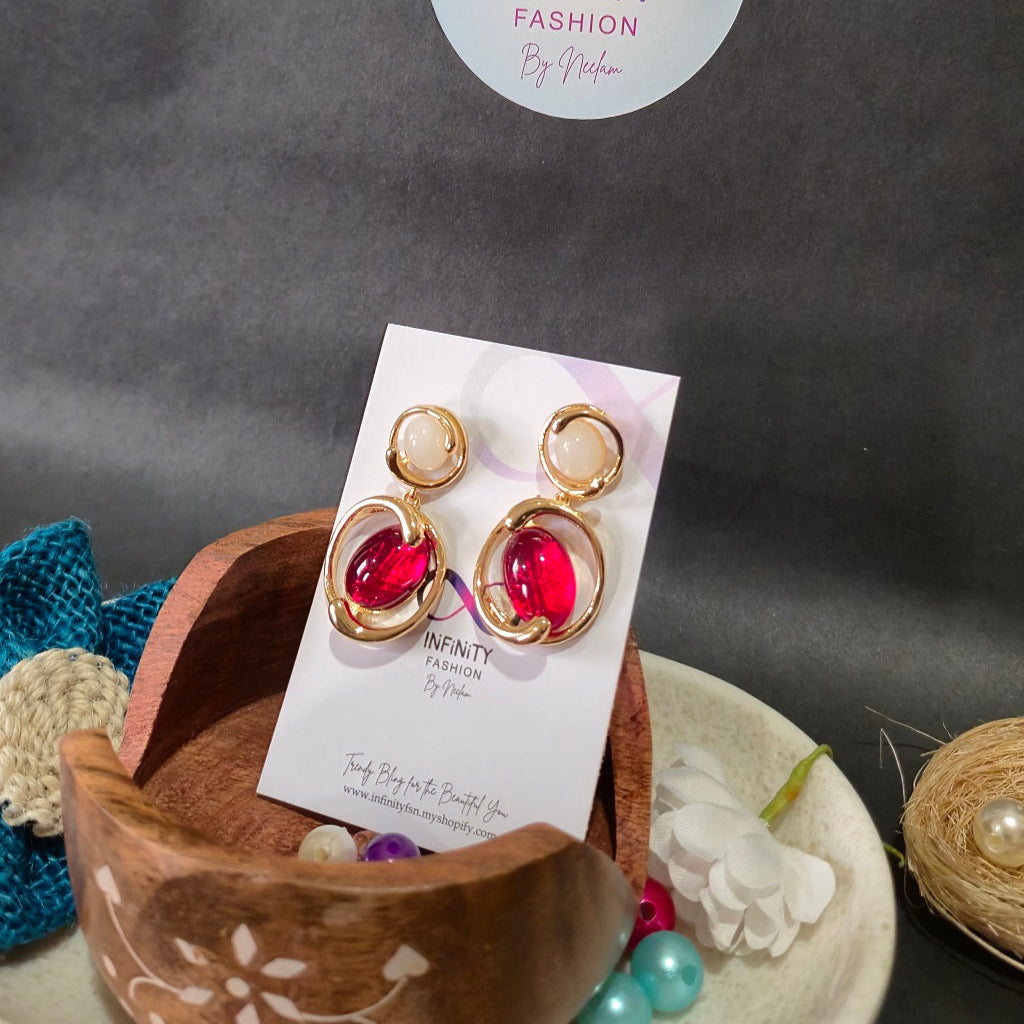 Ruby Red Pearl Ear Hangings - Earrings