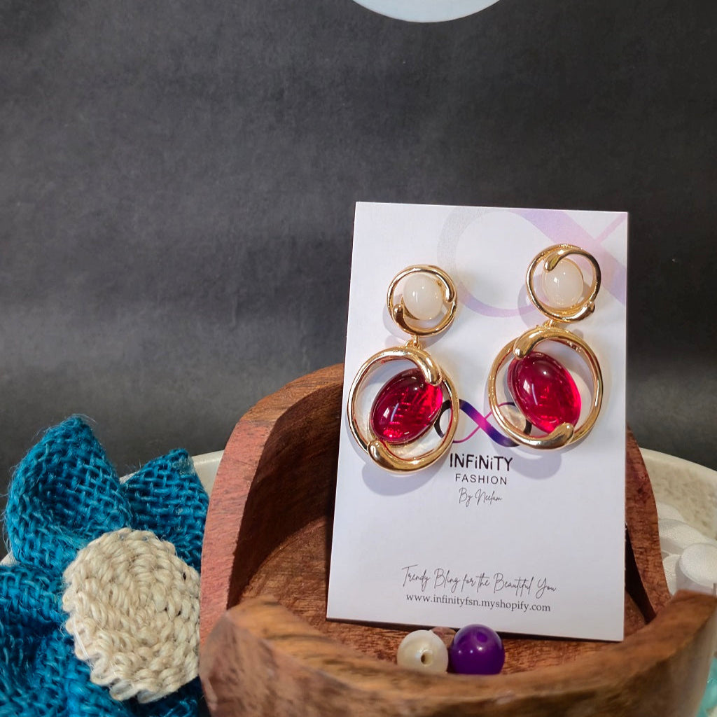Ruby Red Pearl Ear Hangings - Earrings