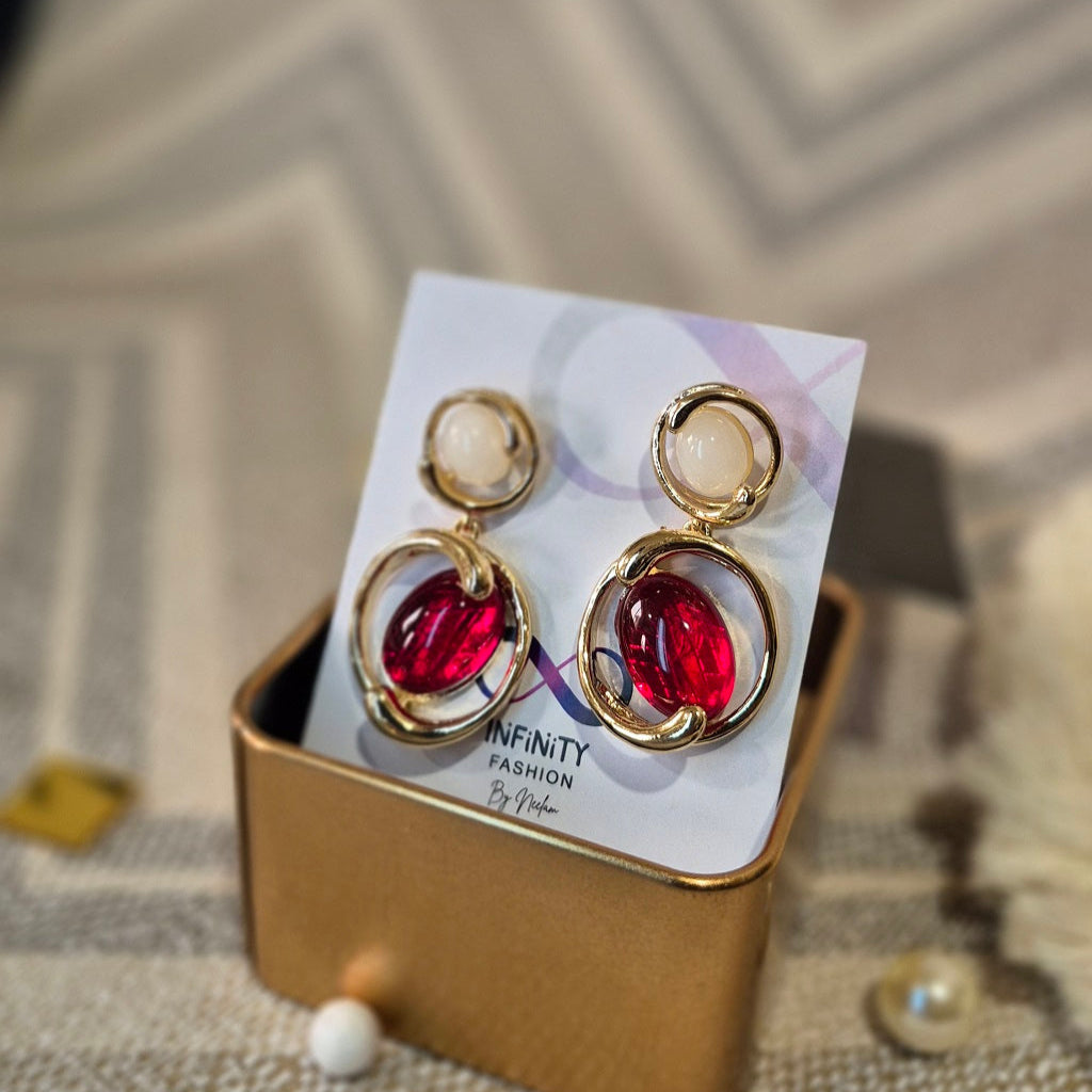 Ruby Red Pearl Ear Hangings - Earrings