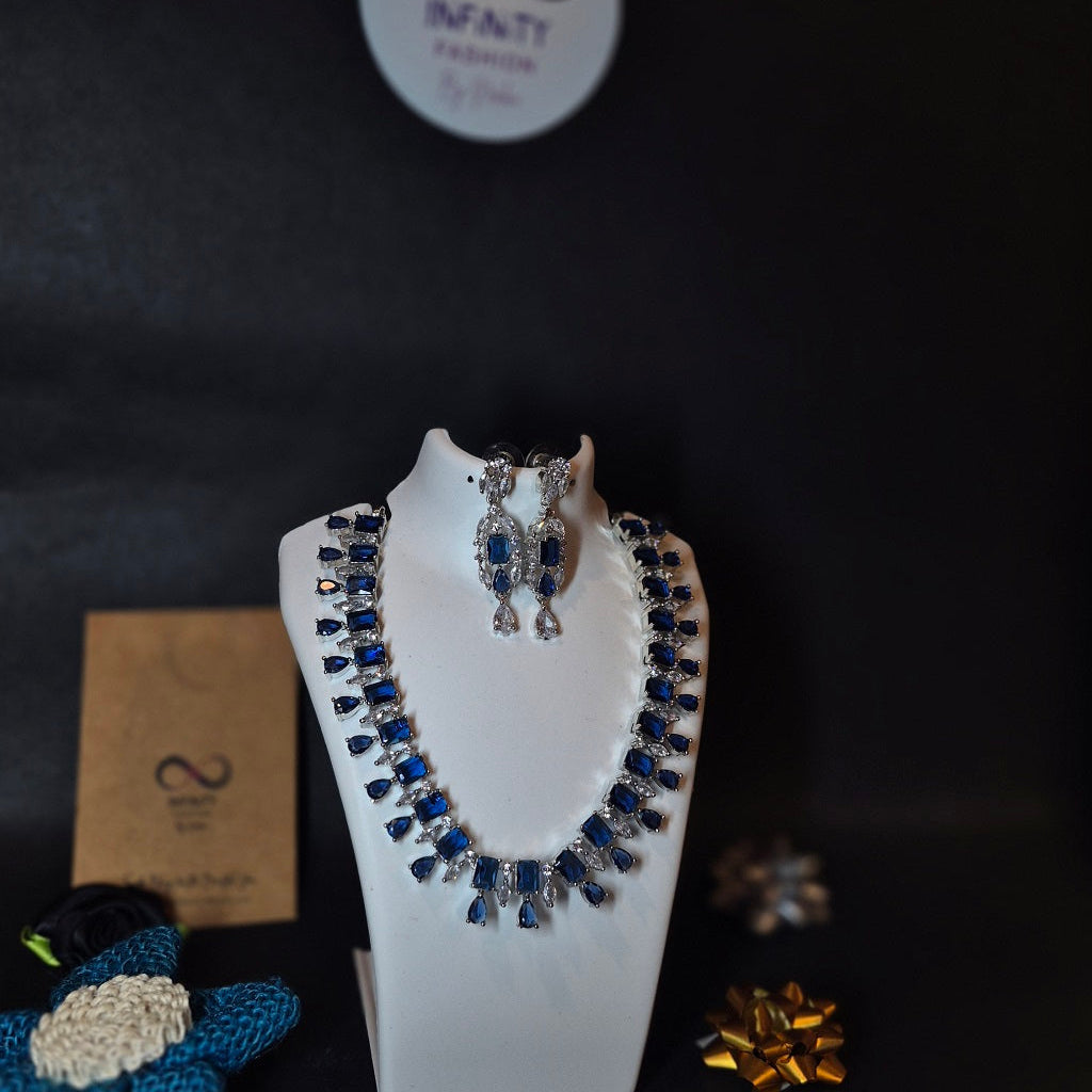 Deep Blue - Diamond Choker necklace American Diamond with designer earrings