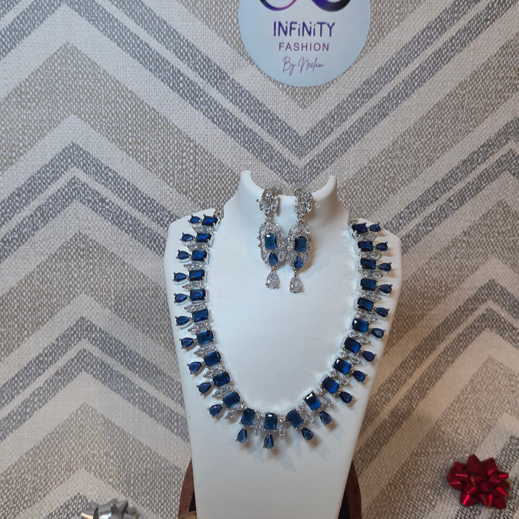 Deep Blue - Diamond Choker necklace American Diamond with designer earrings