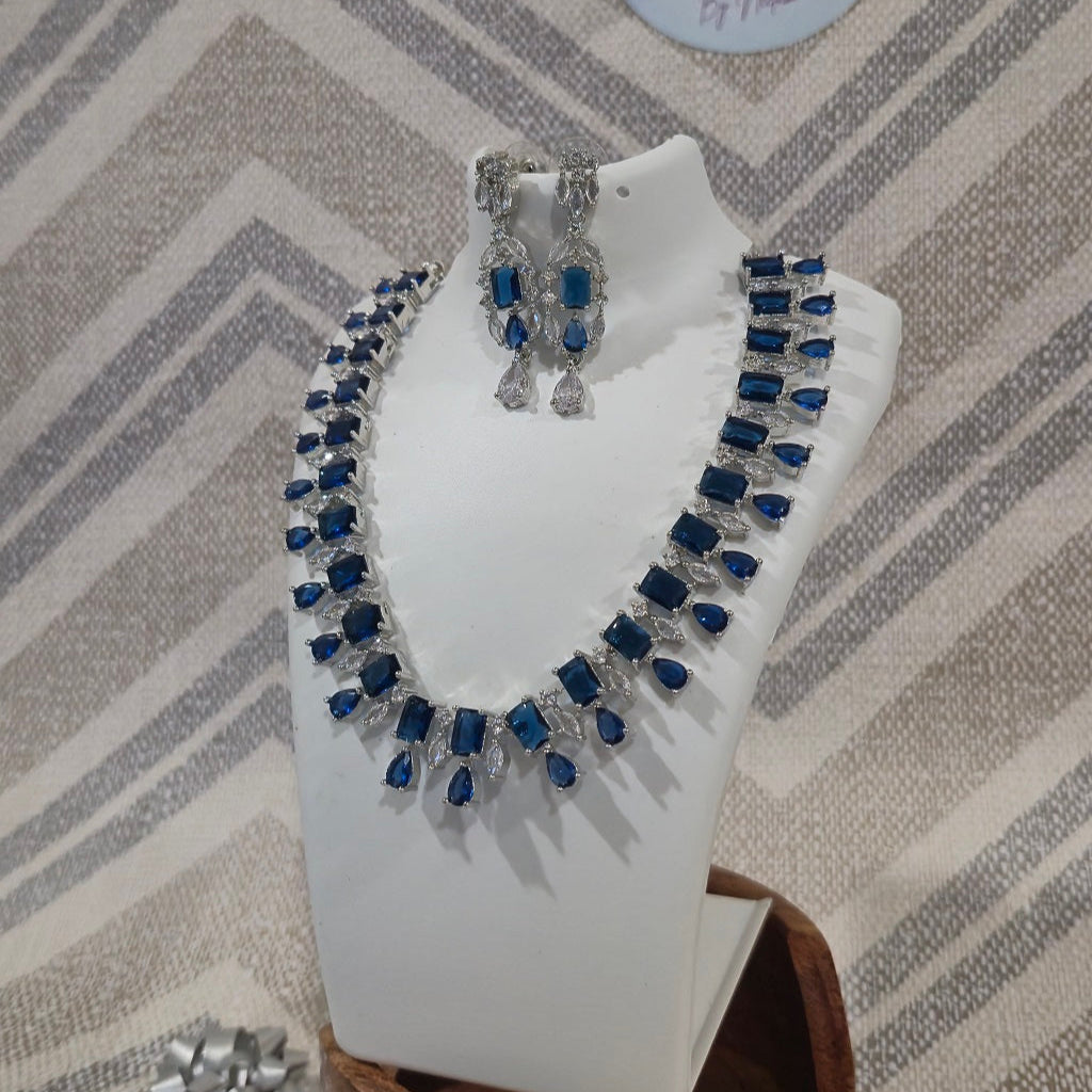 Deep Blue - Diamond Choker necklace American Diamond with designer earrings