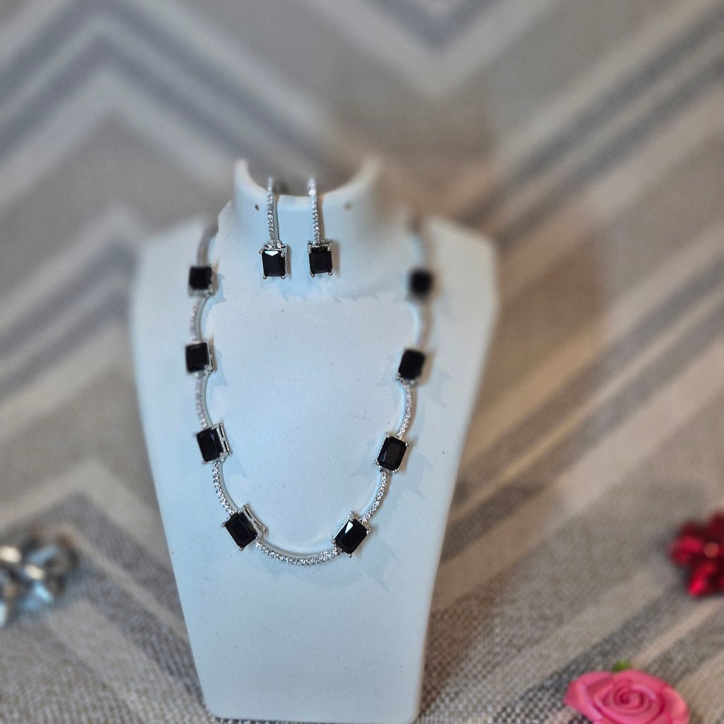 Black Elegant Statement Necklace With designer Earrings AD