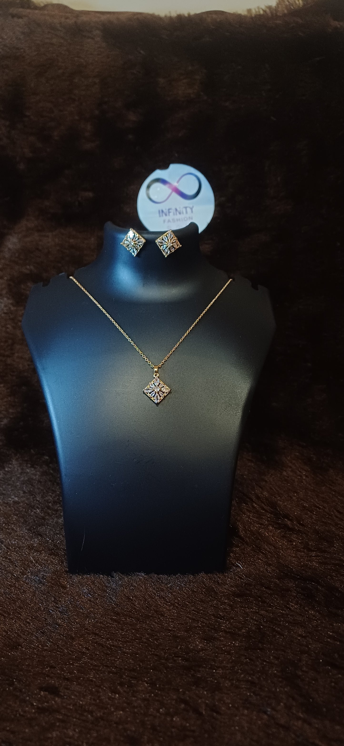 Square cut crystal studded pendant and chain with matching earrings