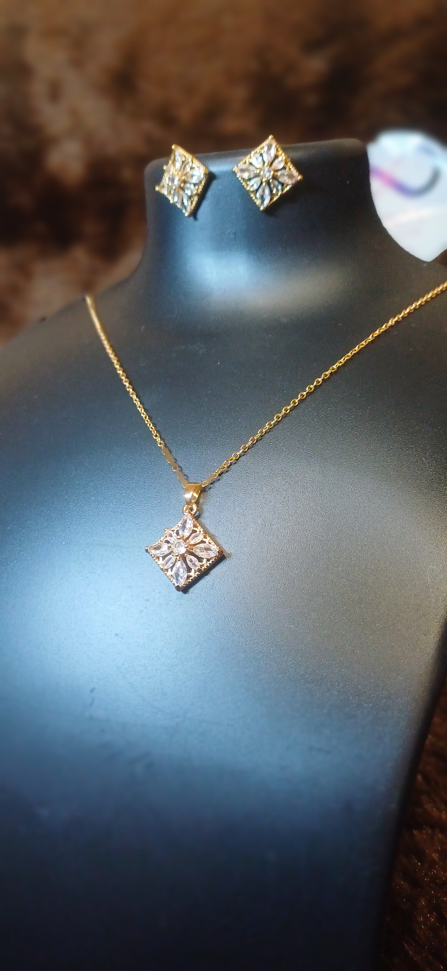 Square cut crystal studded pendant and chain with matching earrings