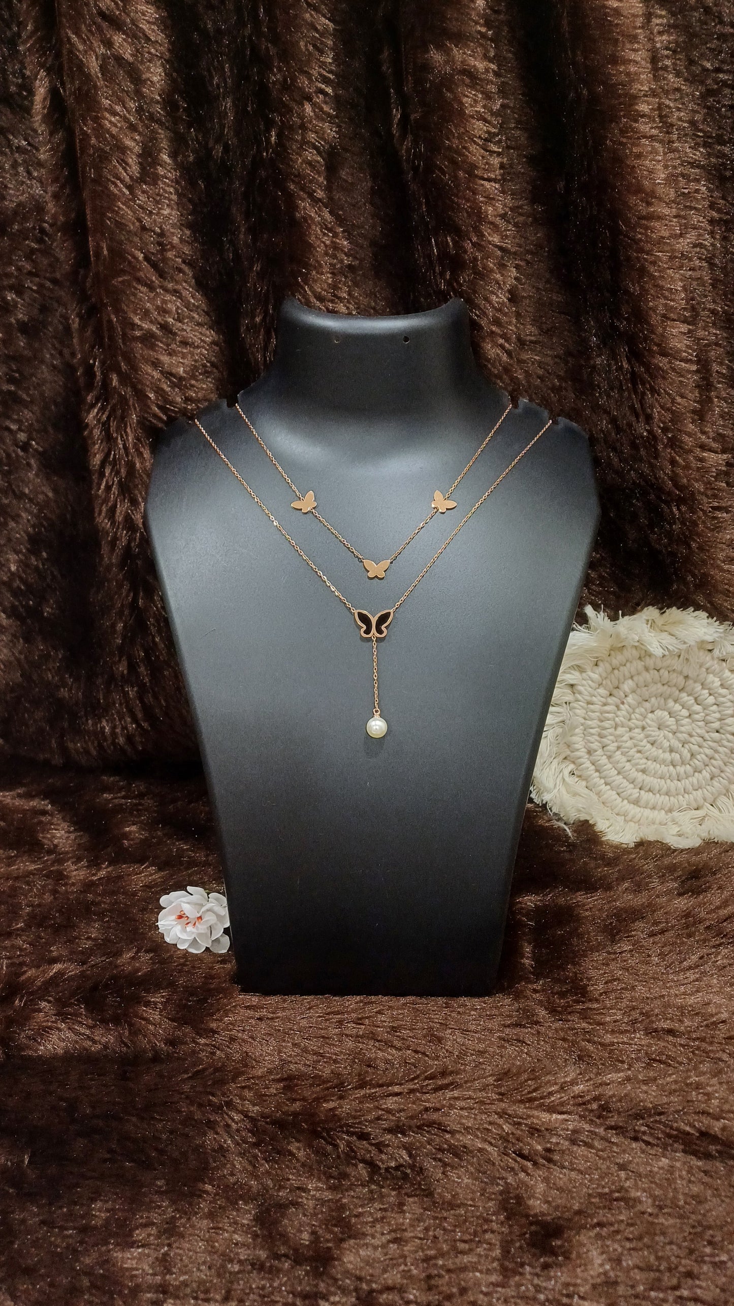 Double chained necklace with butterflies and pearl_ anti tarnish _ statement chain