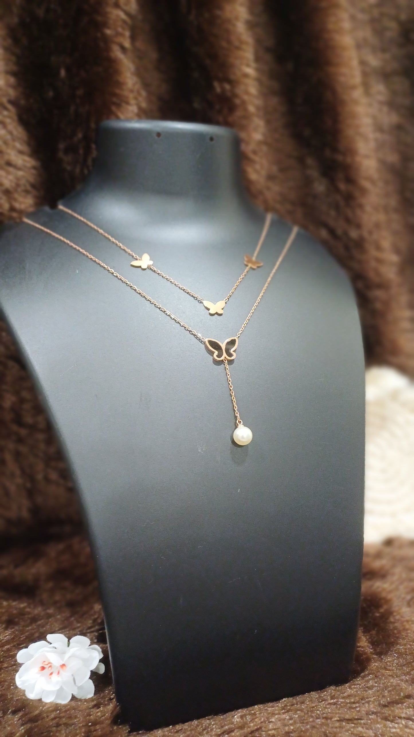 Double chained necklace with butterflies and pearl_ anti tarnish _ statement chain