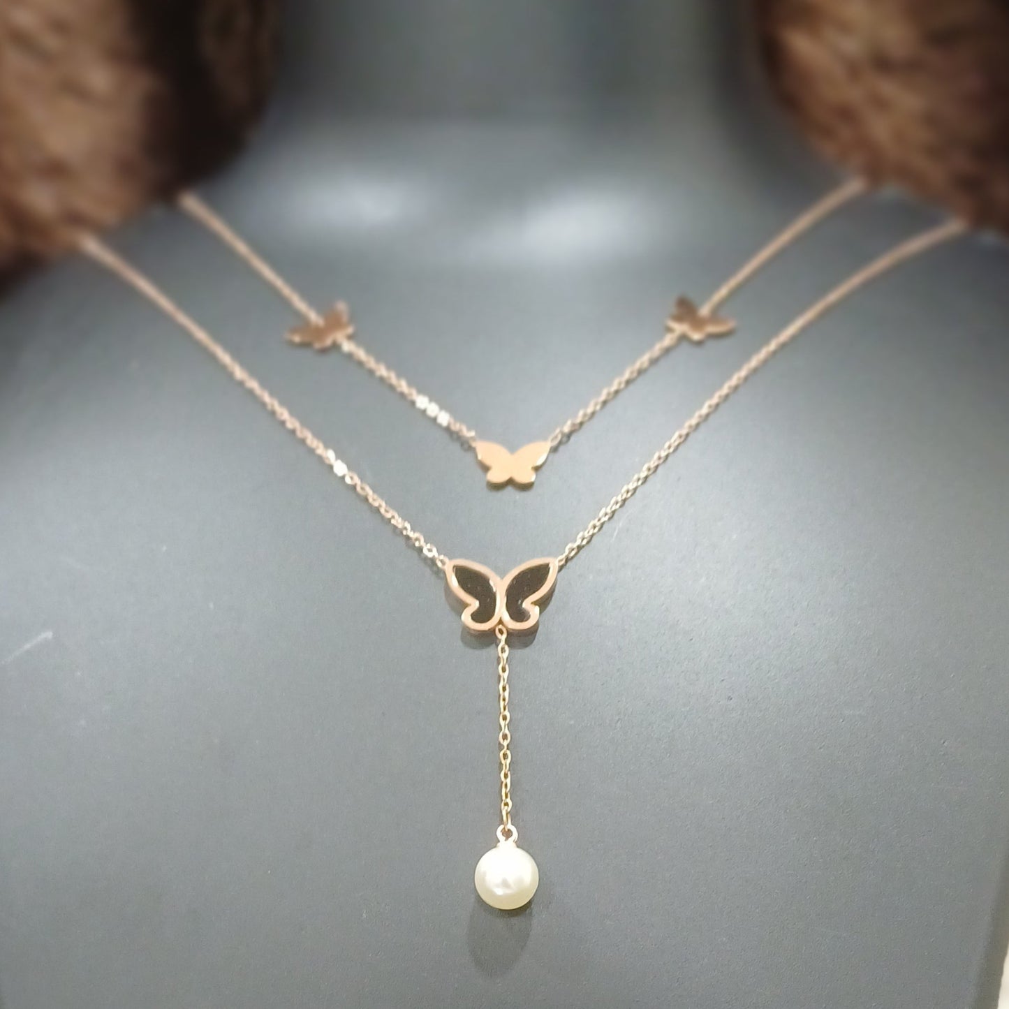 Double chained necklace with butterflies and pearl_ anti tarnish _ statement chain