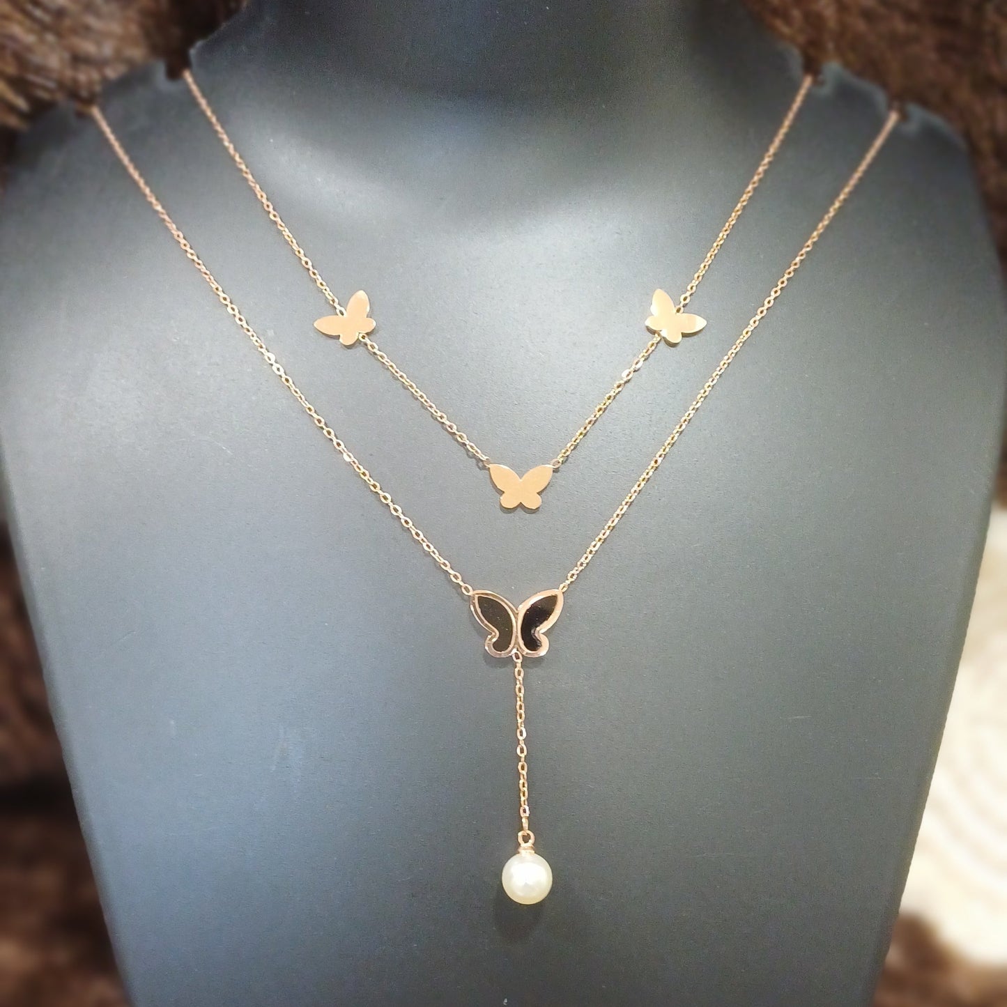 Double chained necklace with butterflies and pearl_ anti tarnish _ statement chain