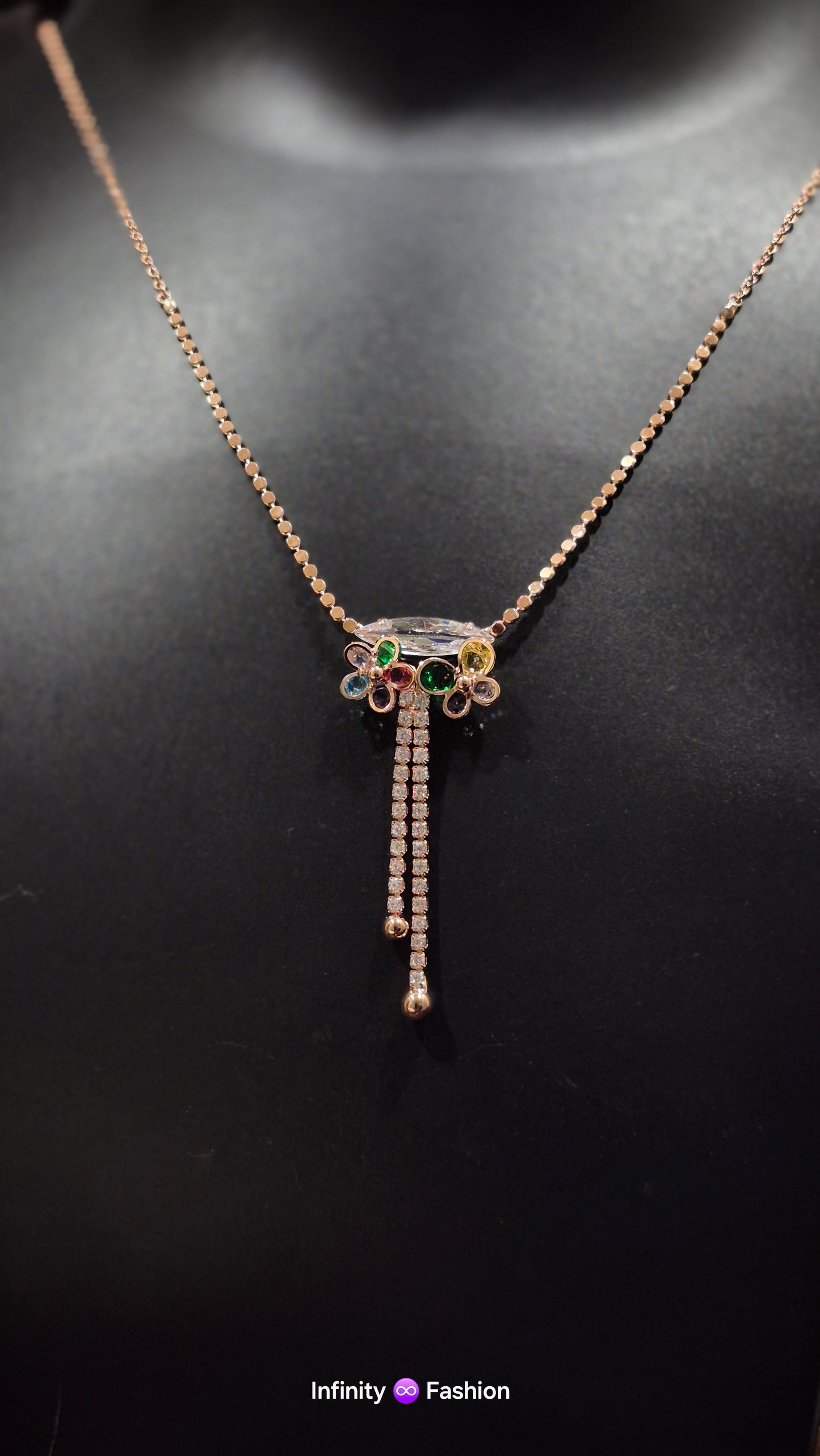 Multicolor twin flowers A.D studded chain_ statement necklace