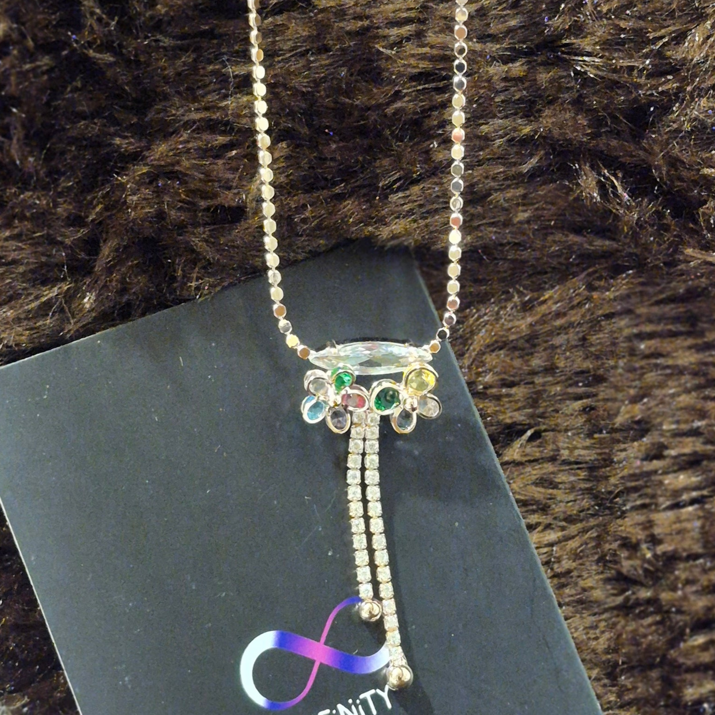 Multicolor twin flowers A.D studded chain_ statement necklace