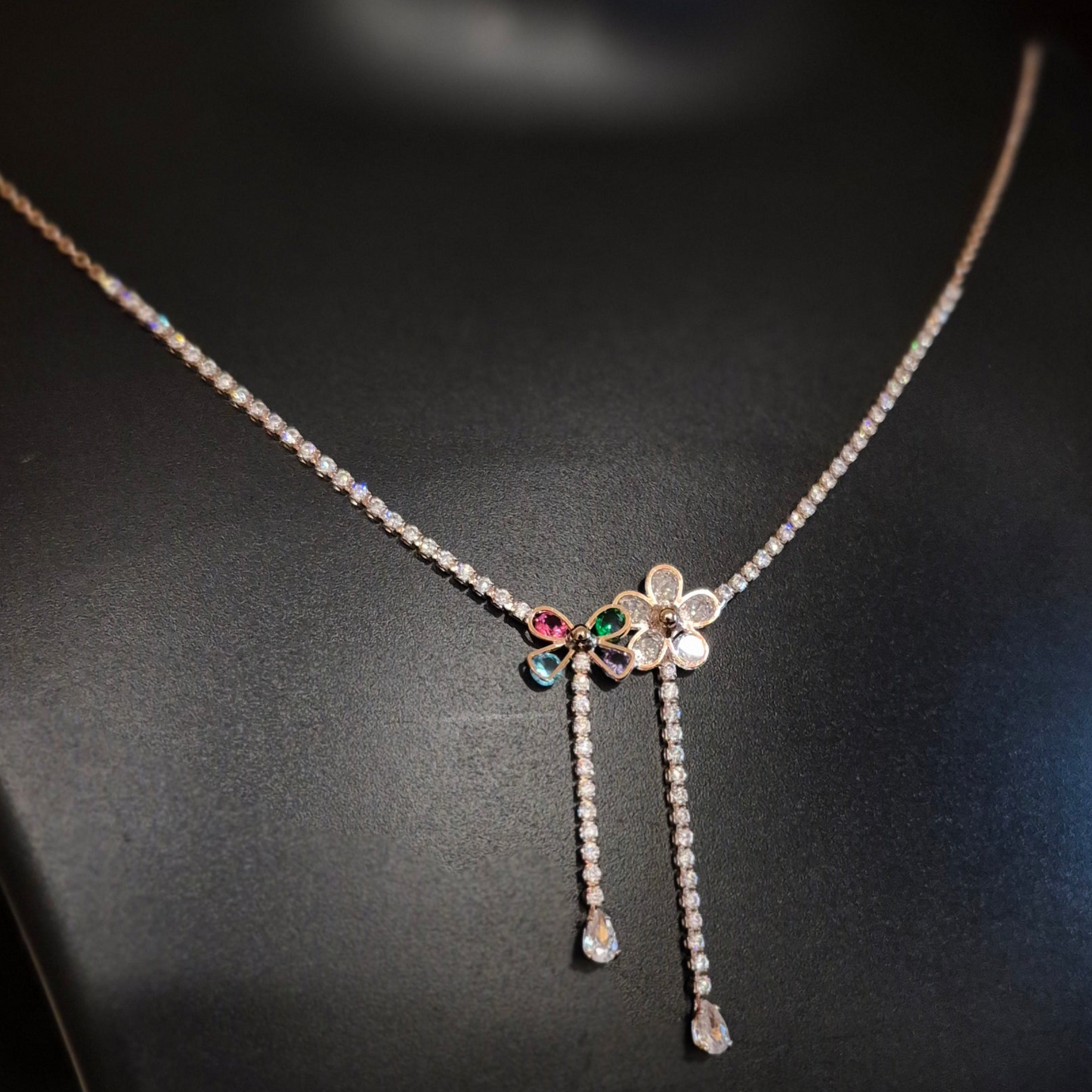 Twin Flowers A.D studded chain _ statement necklace_ multicolor