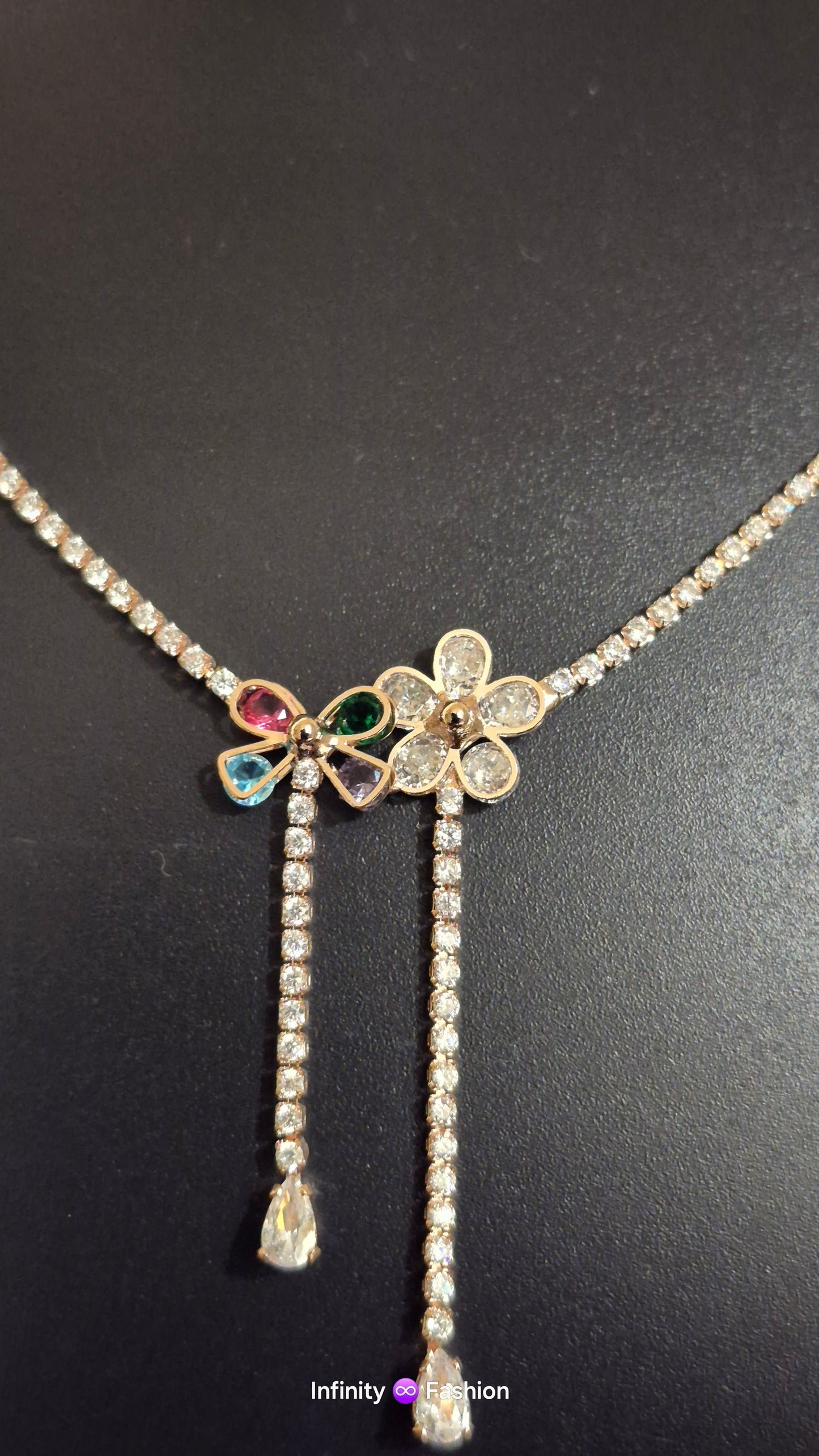 Twin Flowers A.D studded chain _ statement necklace_ multicolor