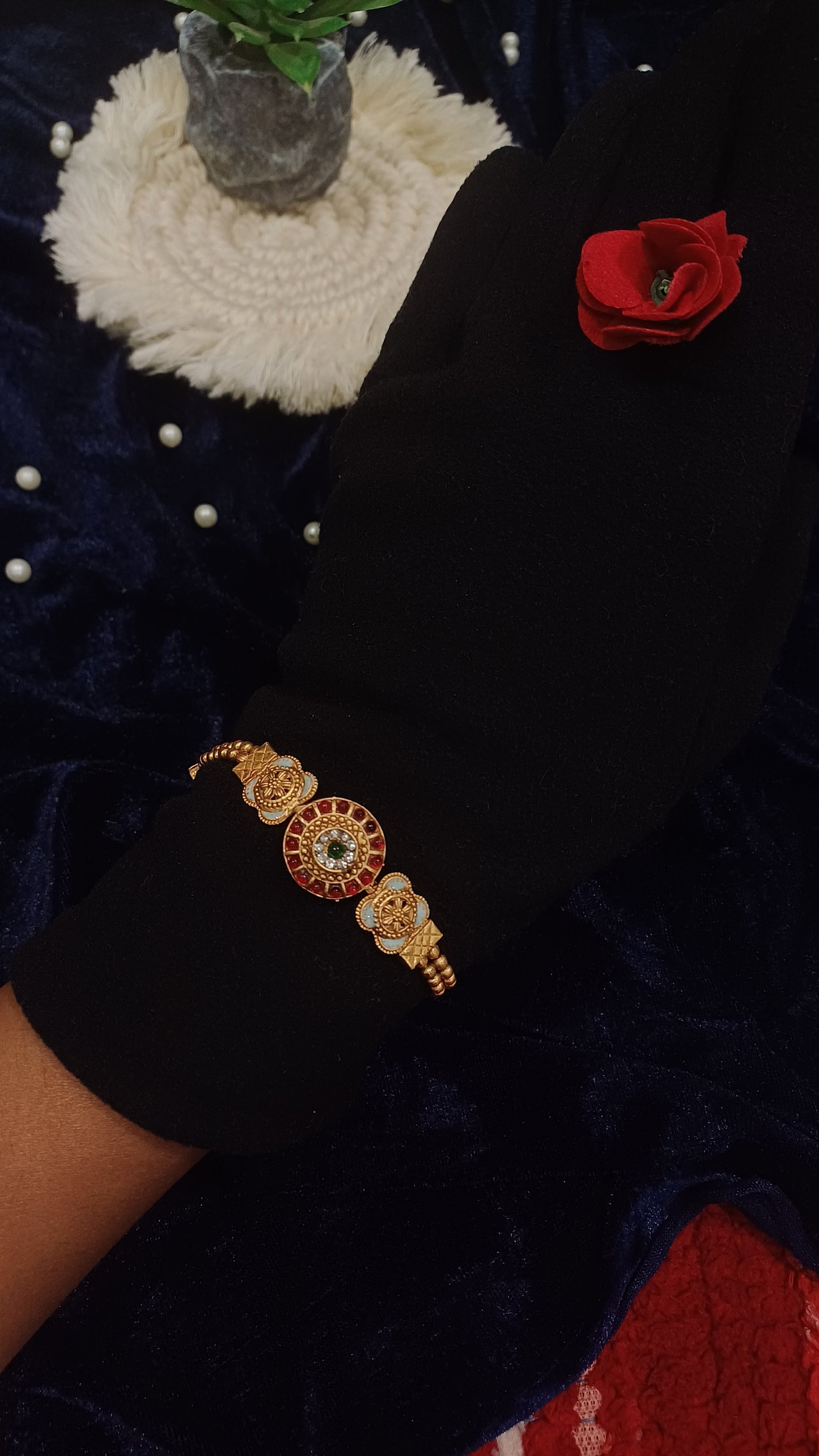 Ruby stoned golden bracelet balled loose straps_ designer