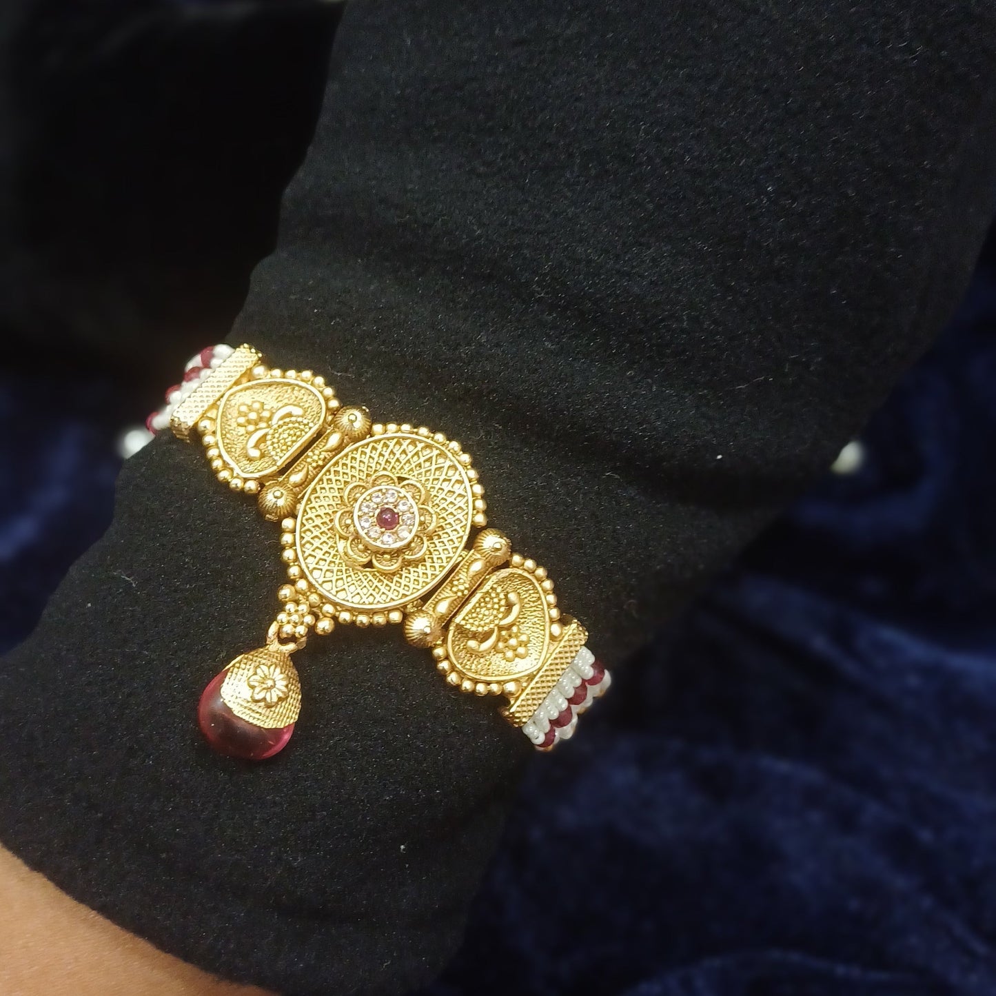 Golden loose bracelet with hanging pearl multistrands_ designer traditional look
