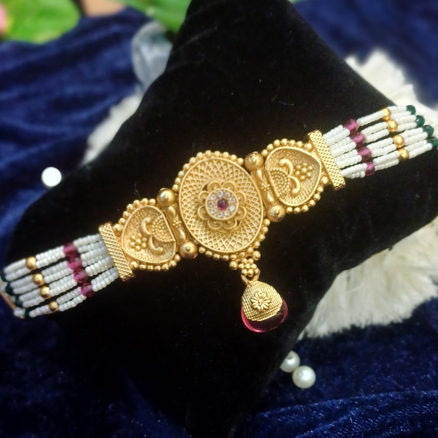 Golden loose bracelet with hanging pearl multistrands_ designer traditional look