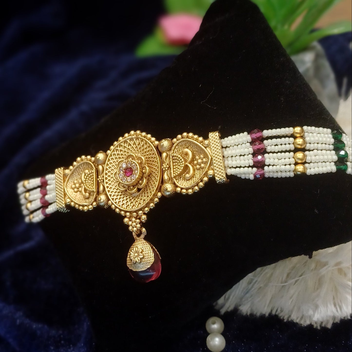Golden loose bracelet with hanging pearl multistrands_ designer traditional look