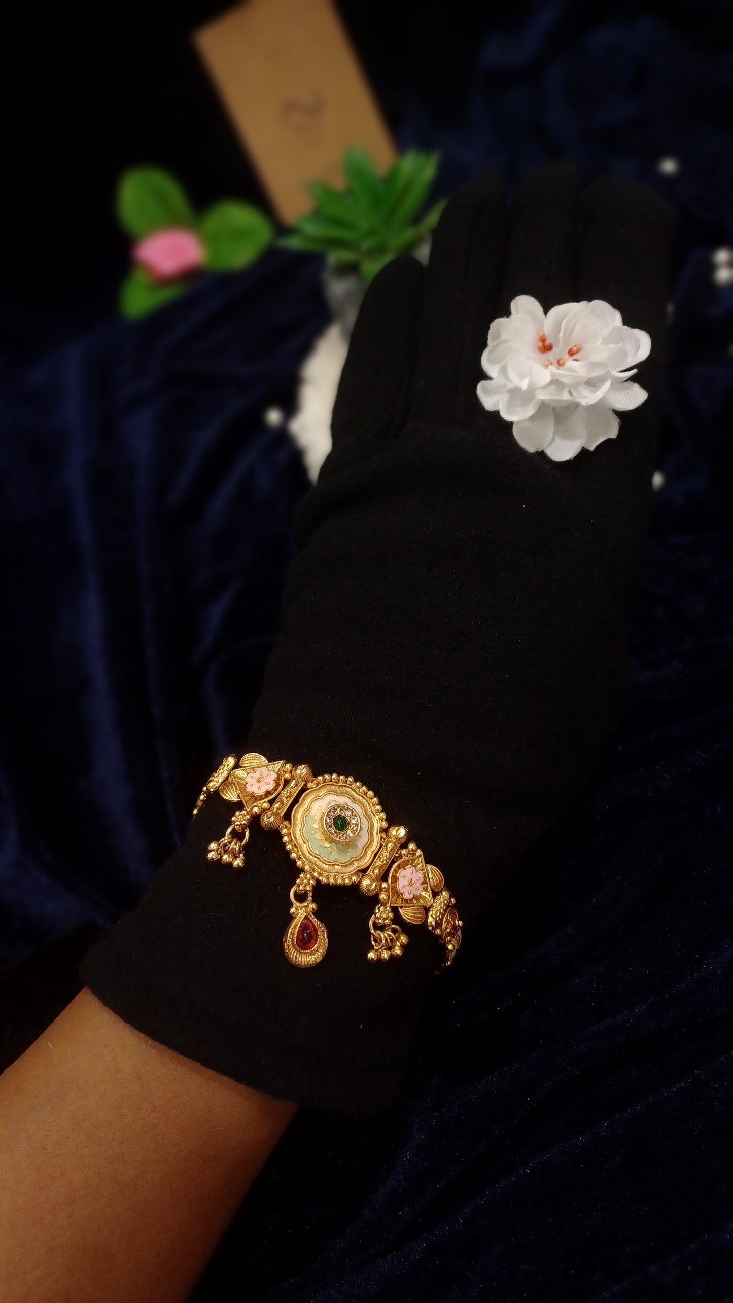 Designer golden bracelet with hangings solid band_ traditional look
