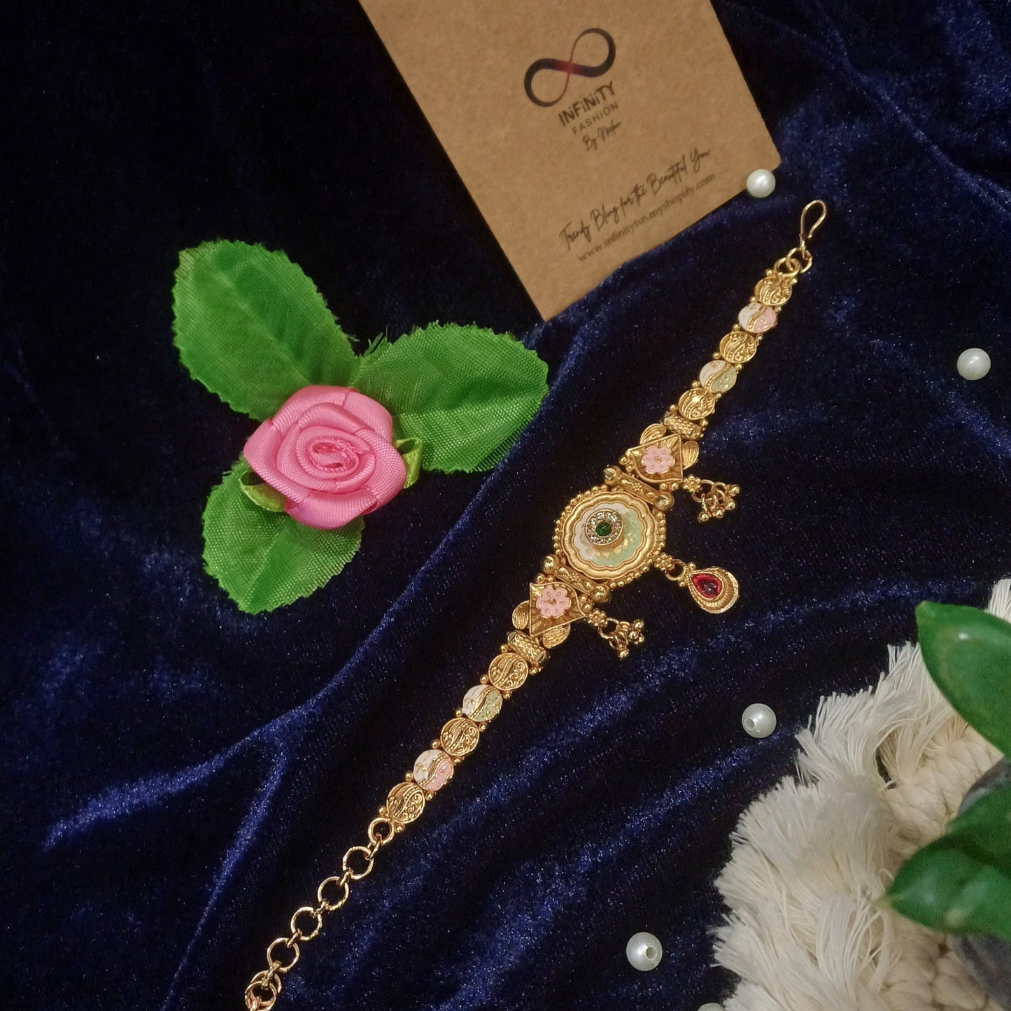 Designer golden bracelet with hangings solid band_ traditional look