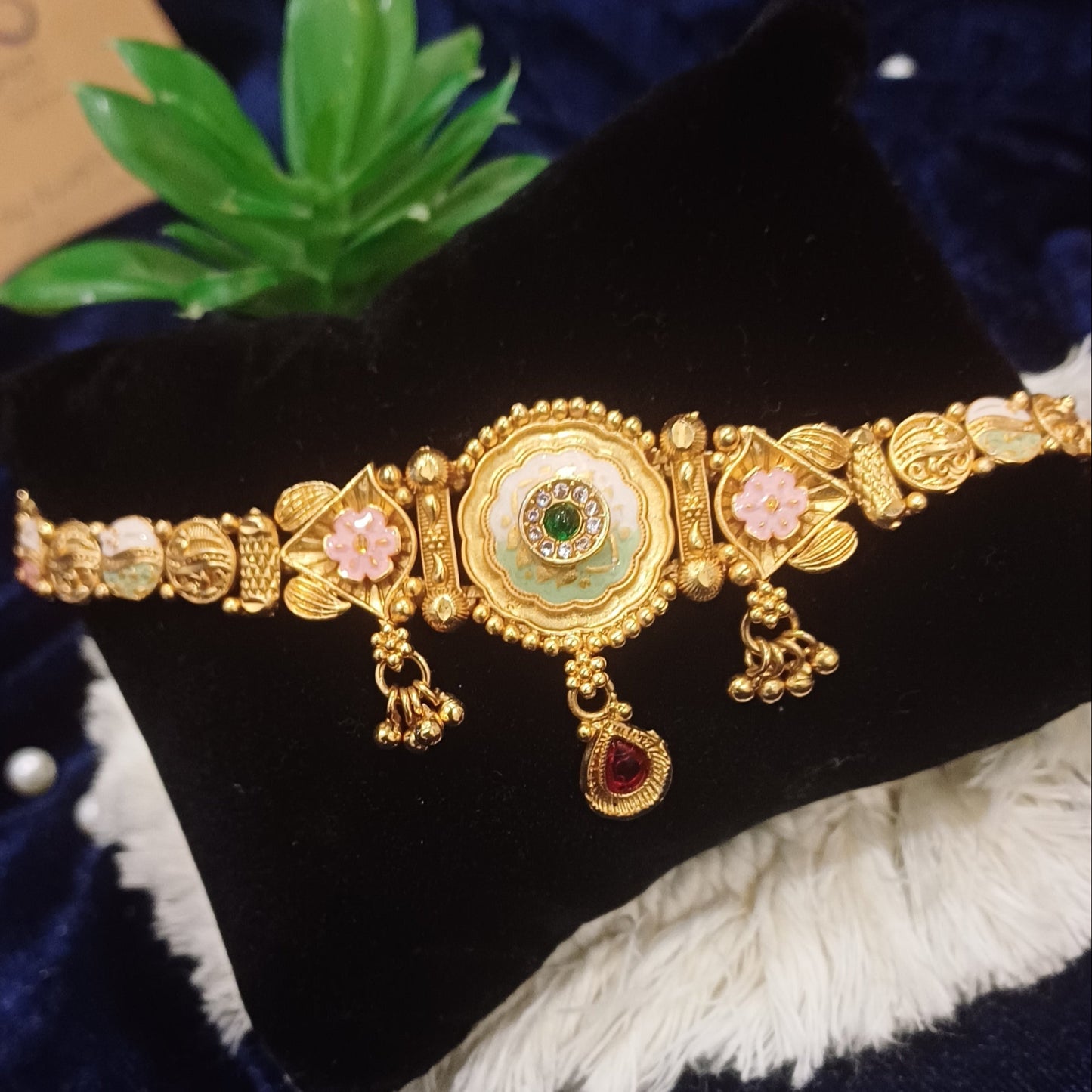 Designer golden bracelet with hangings solid band_ traditional look