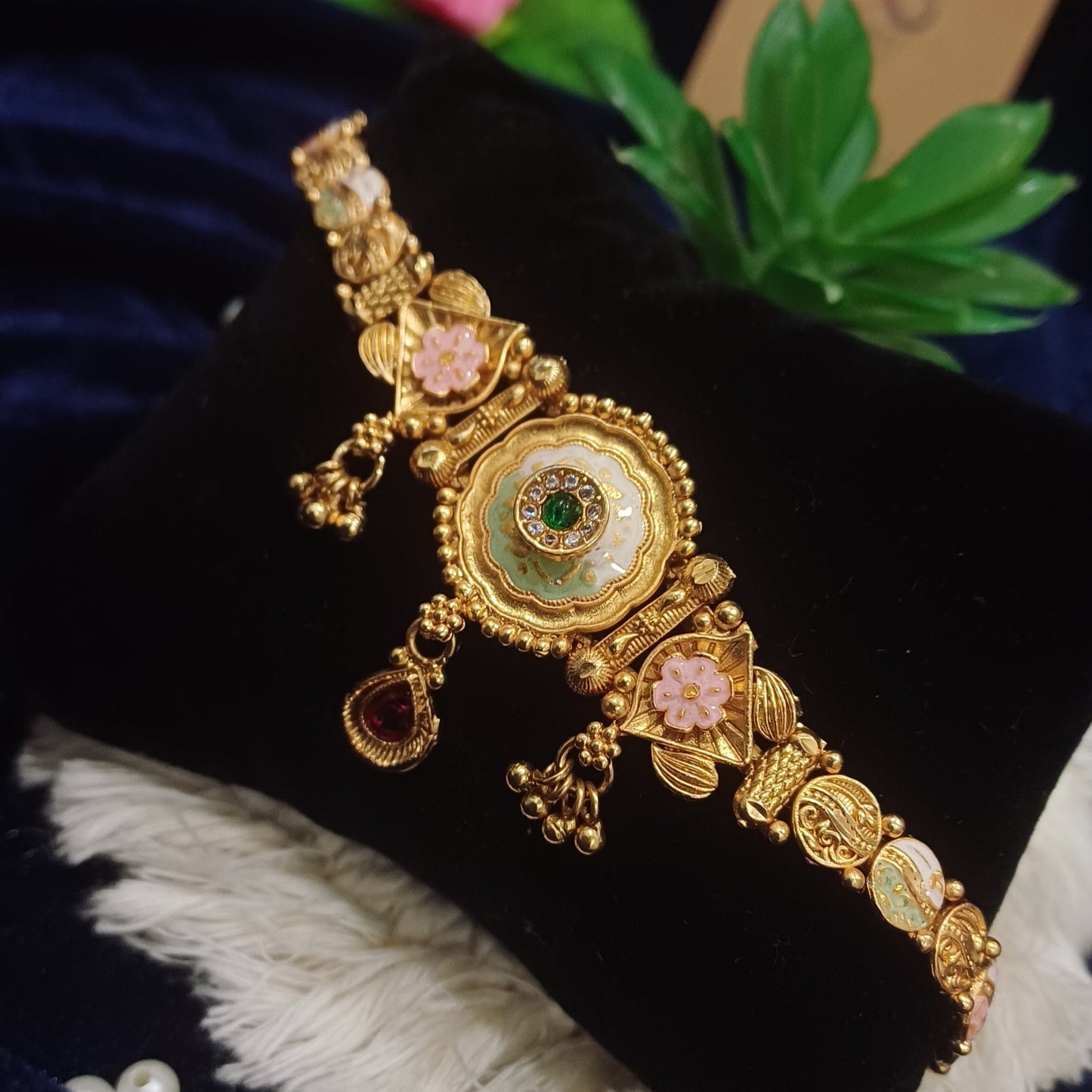 Designer golden bracelet with hangings solid band_ traditional look