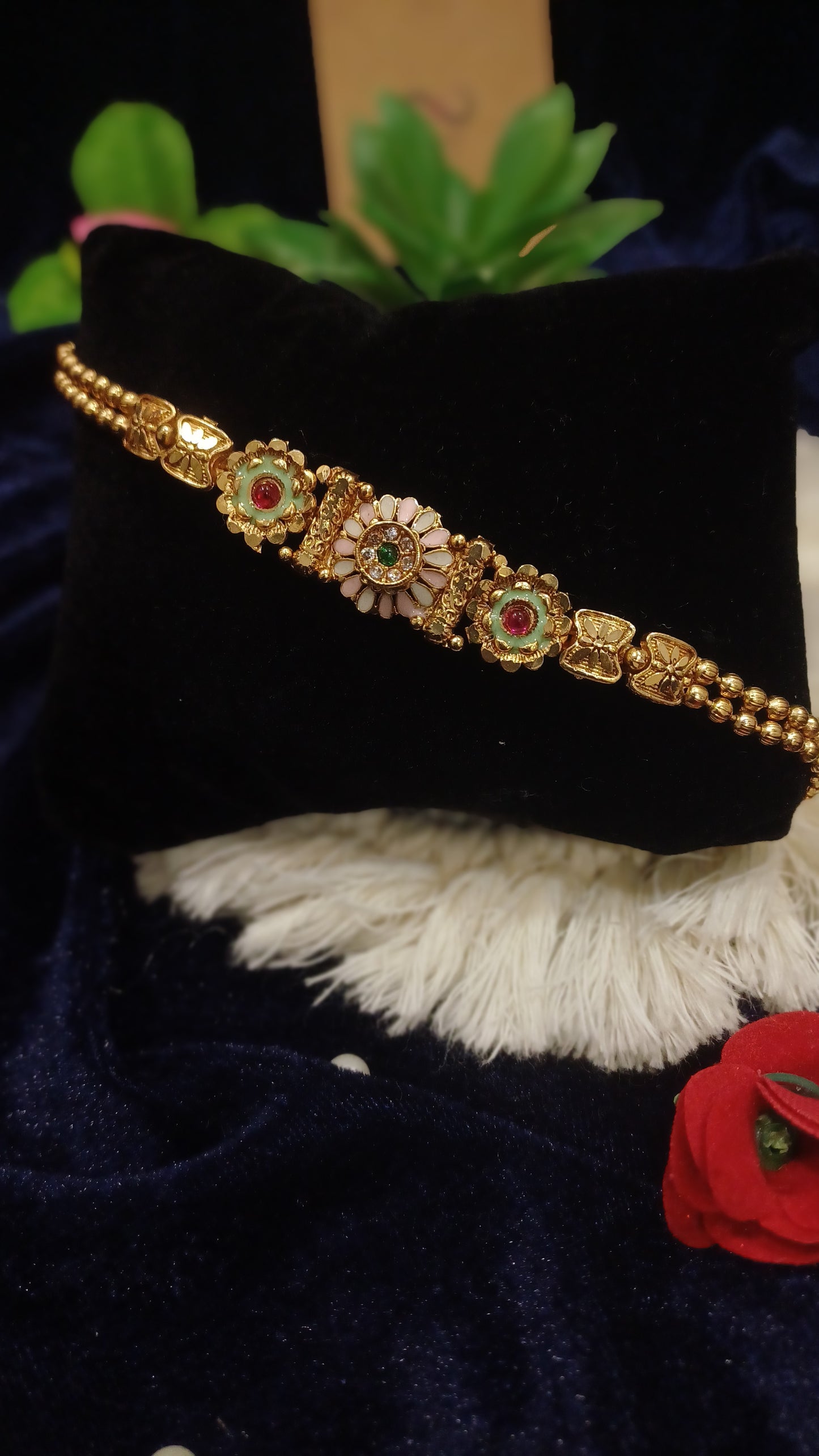 Golden sleek bracelet loose balled straps_ flower designs traditional look