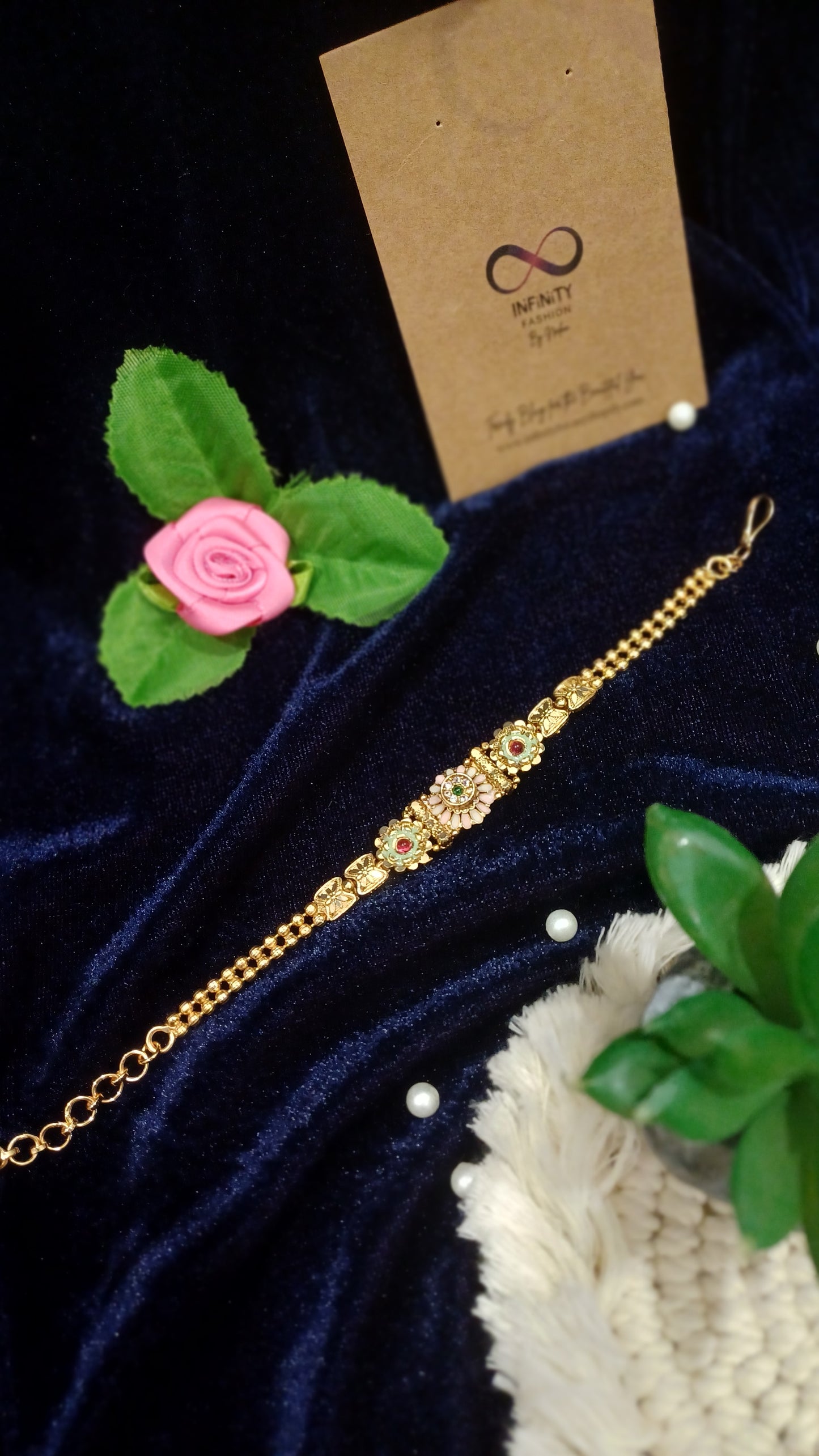 Golden sleek bracelet loose balled straps_ flower designs traditional look