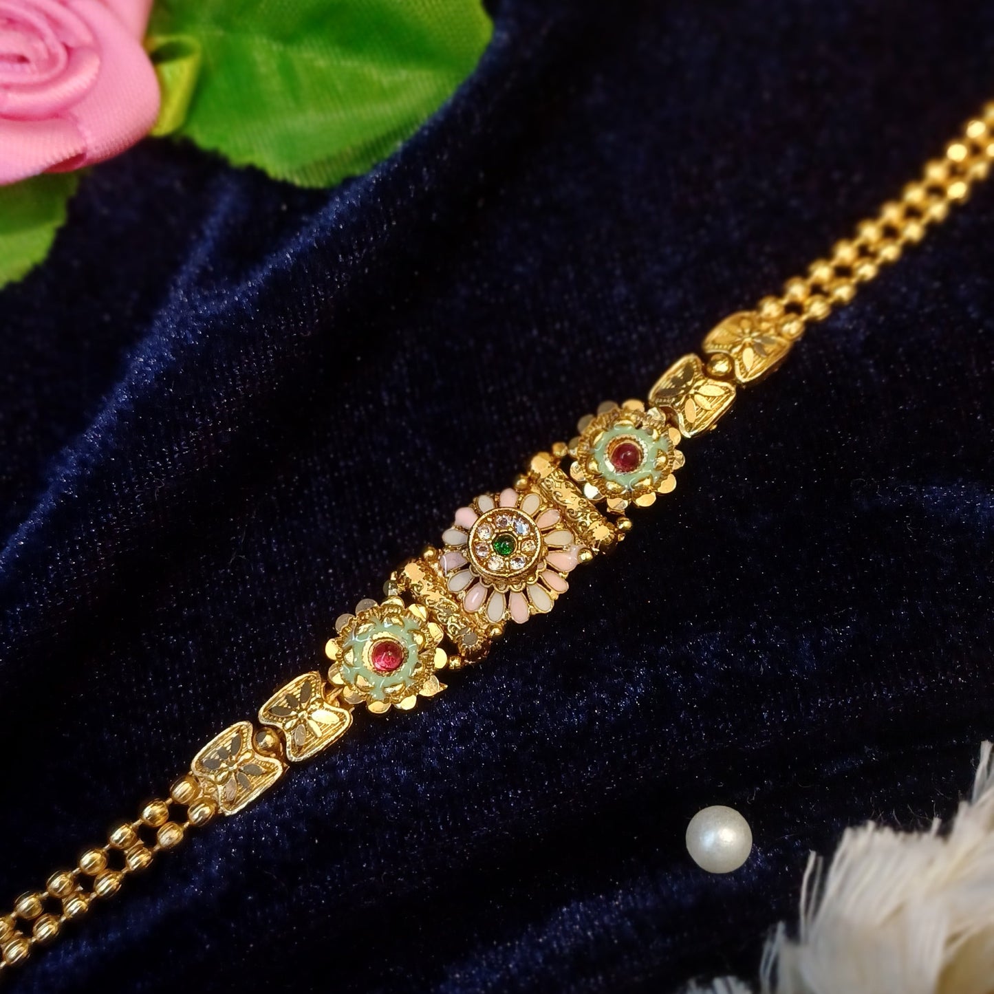 Golden sleek bracelet loose balled straps_ flower designs traditional look