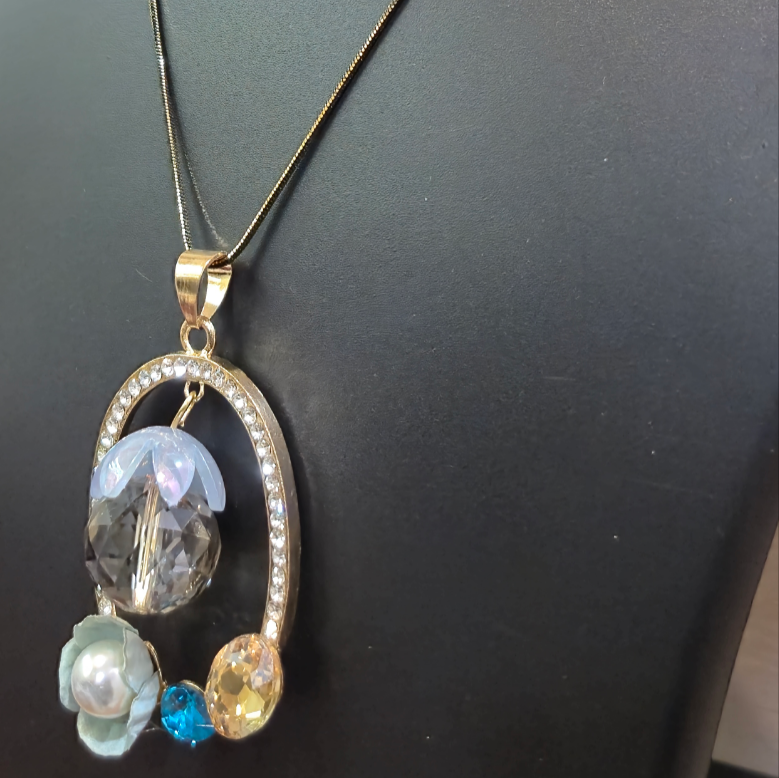 Long Necklace Double chains with crystal pendant