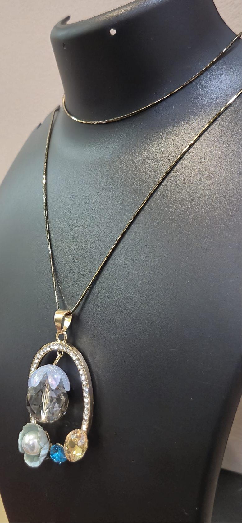 Long Necklace Double chains with crystal pendant